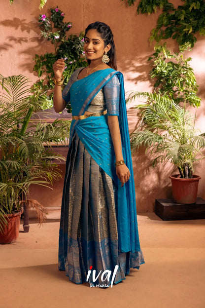 Izhaiyini - Dark Sky Blue Banarasi Tissue Halfsaree Half Sarees