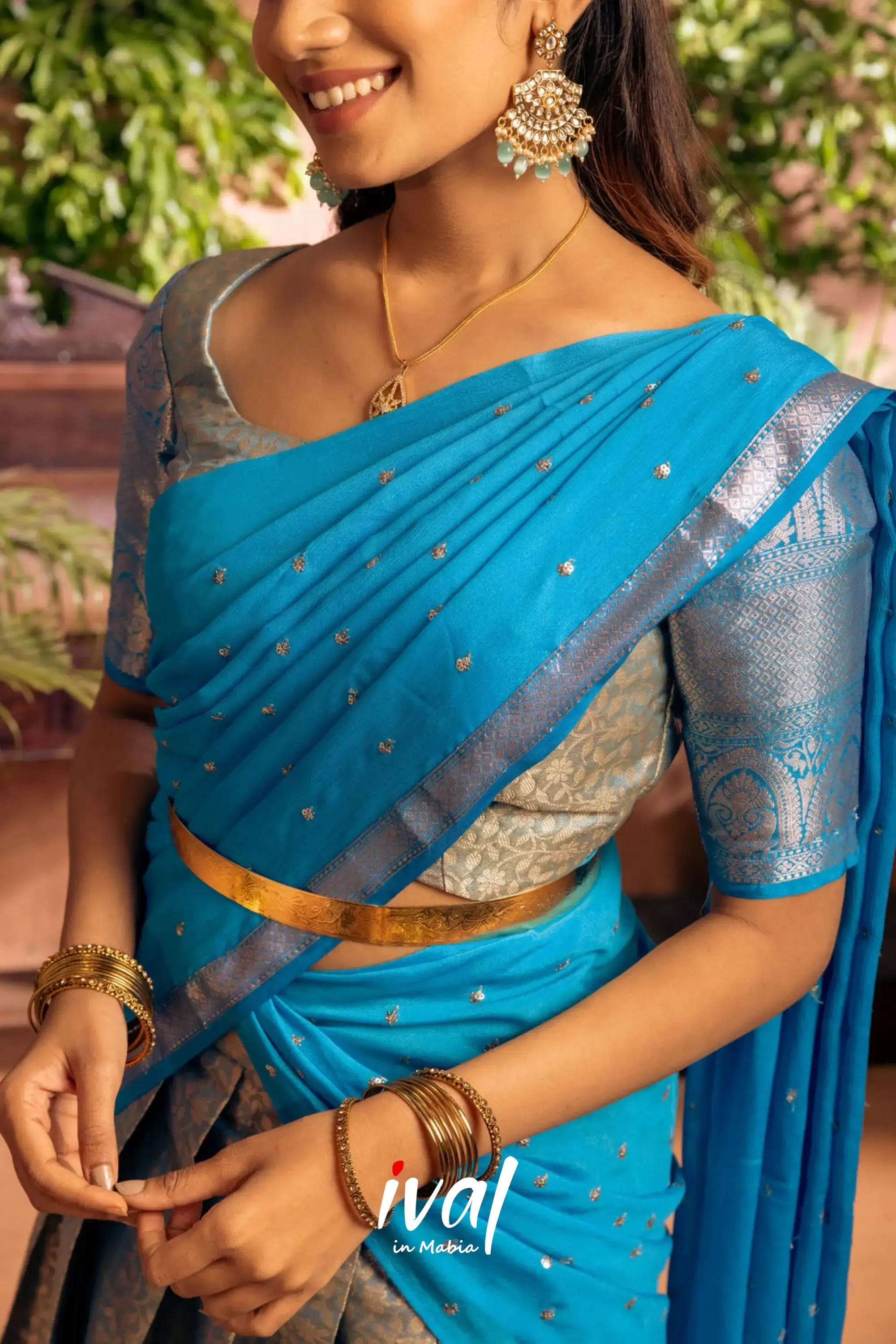 Izhaiyini - Dark Sky Blue Banarasi Tissue Halfsaree Half Sarees