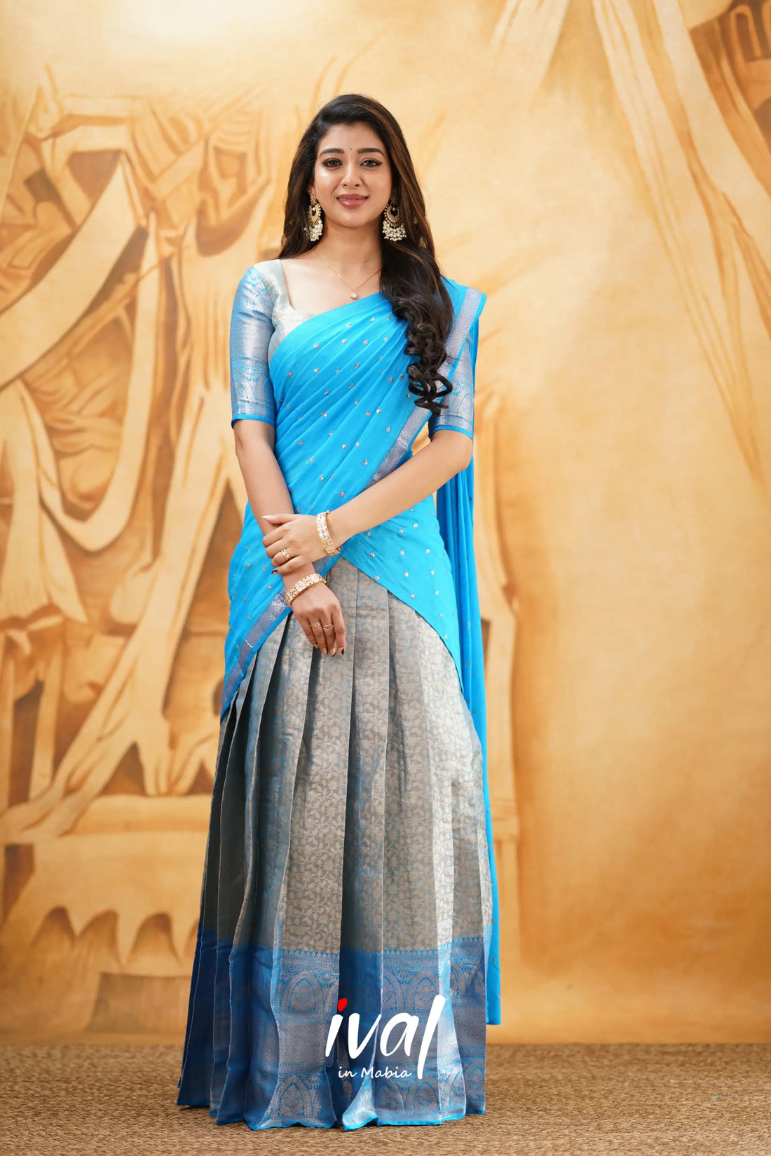 Izhaiyini - Dark Sky Blue Banarasi Tissue Halfsaree Half Sarees