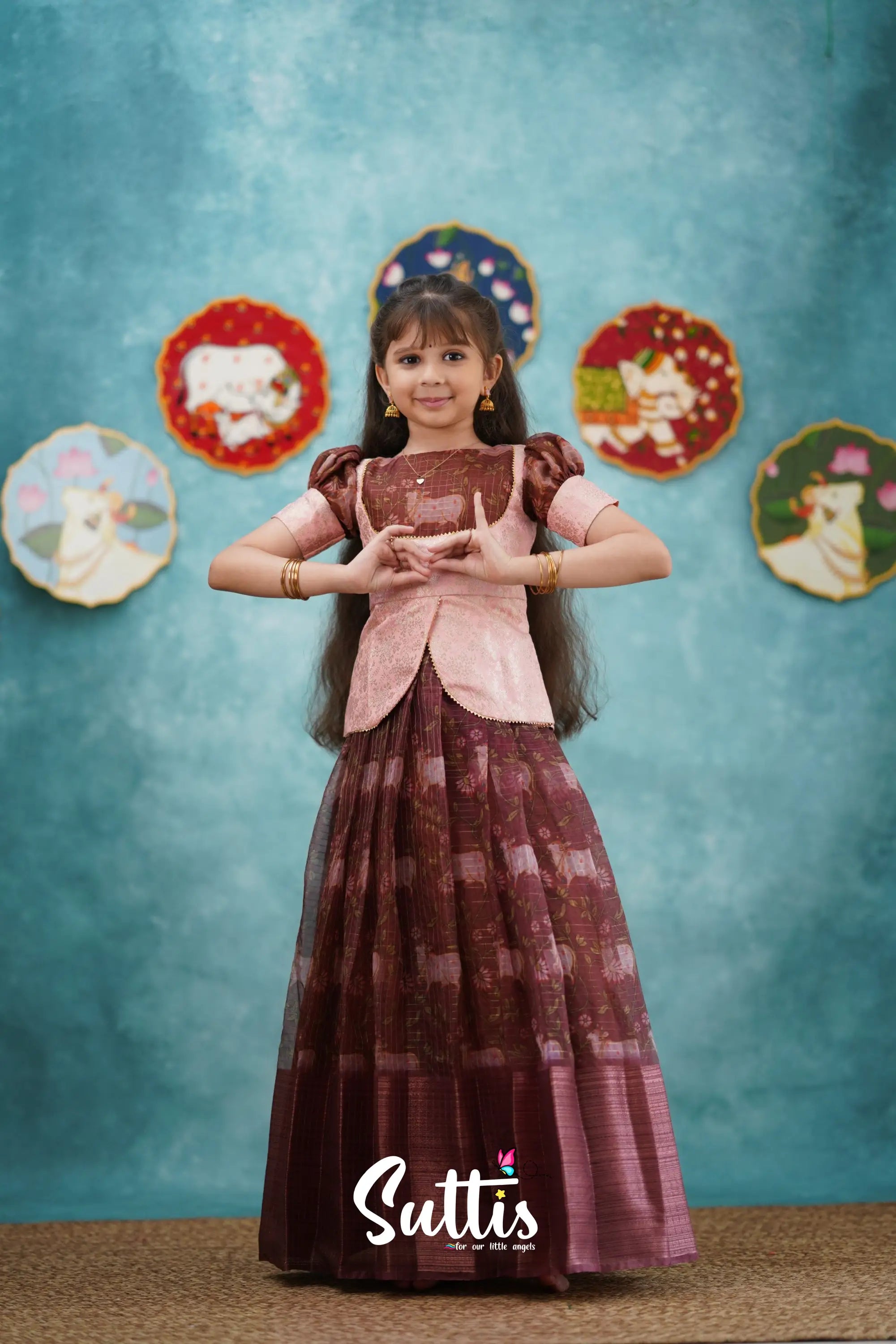 Izhaiyini - Dark Wine Organza Top And Skirt Kids-Suttis