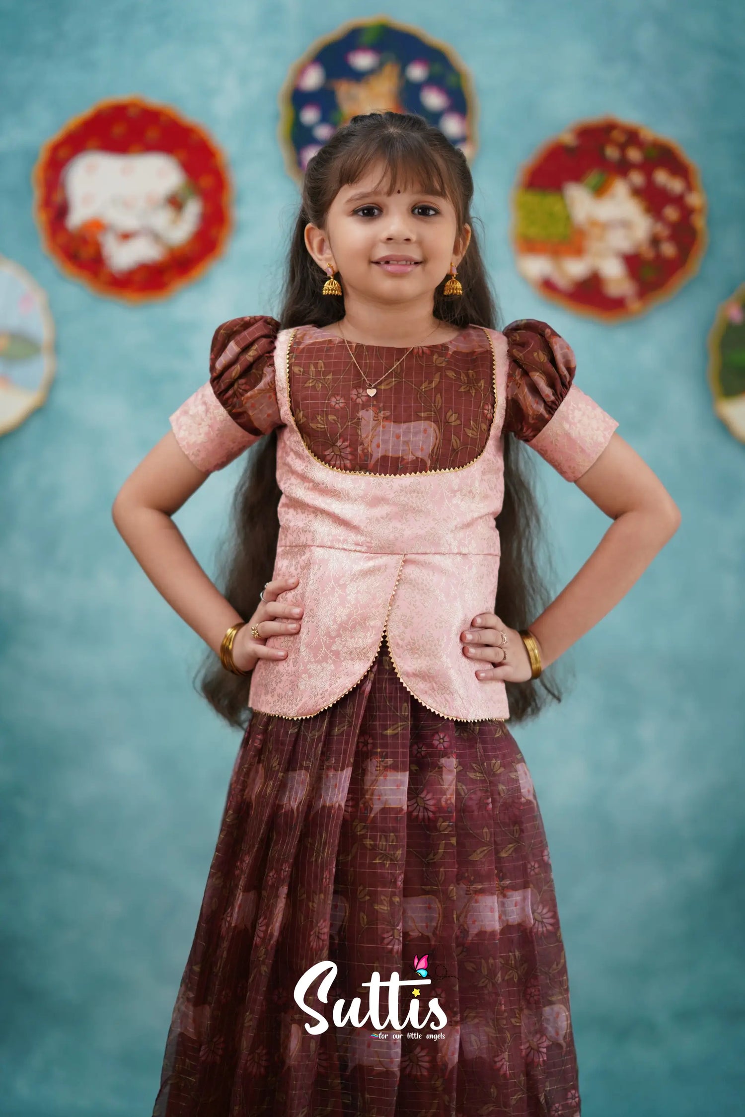 Izhaiyini - Dark Wine Organza Top And Skirt Kids-Suttis