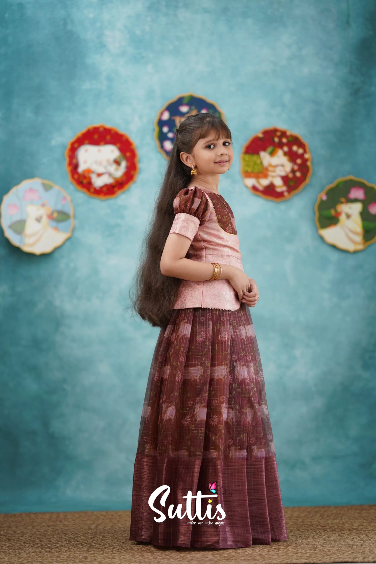 Izhaiyini - Dark Wine Organza Top And Skirt Kids-Suttis