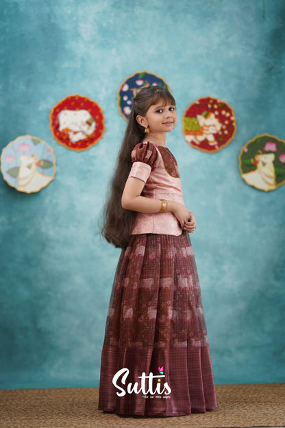 Izhaiyini - Dark Wine Organza Top And Skirt Kids-Suttis