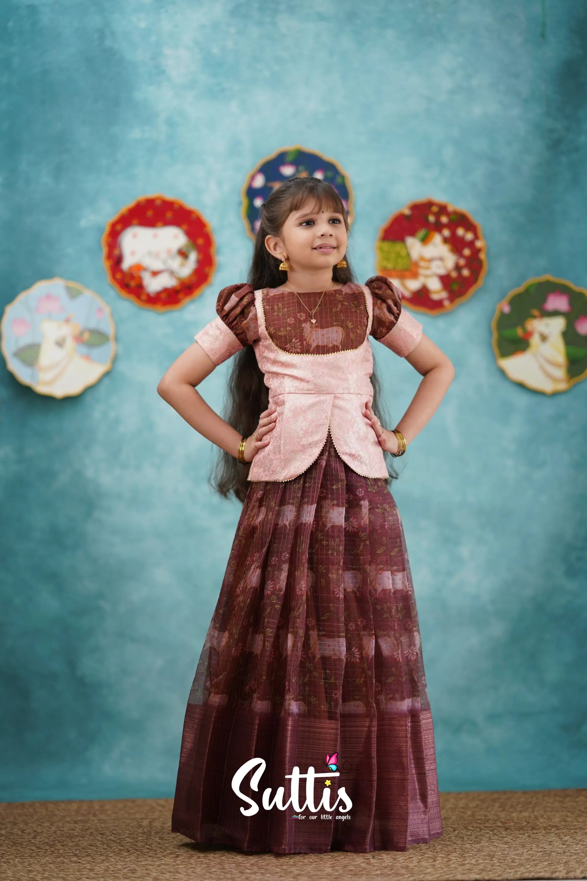 Izhaiyini - Dark Wine Organza Top And Skirt Kids-Suttis