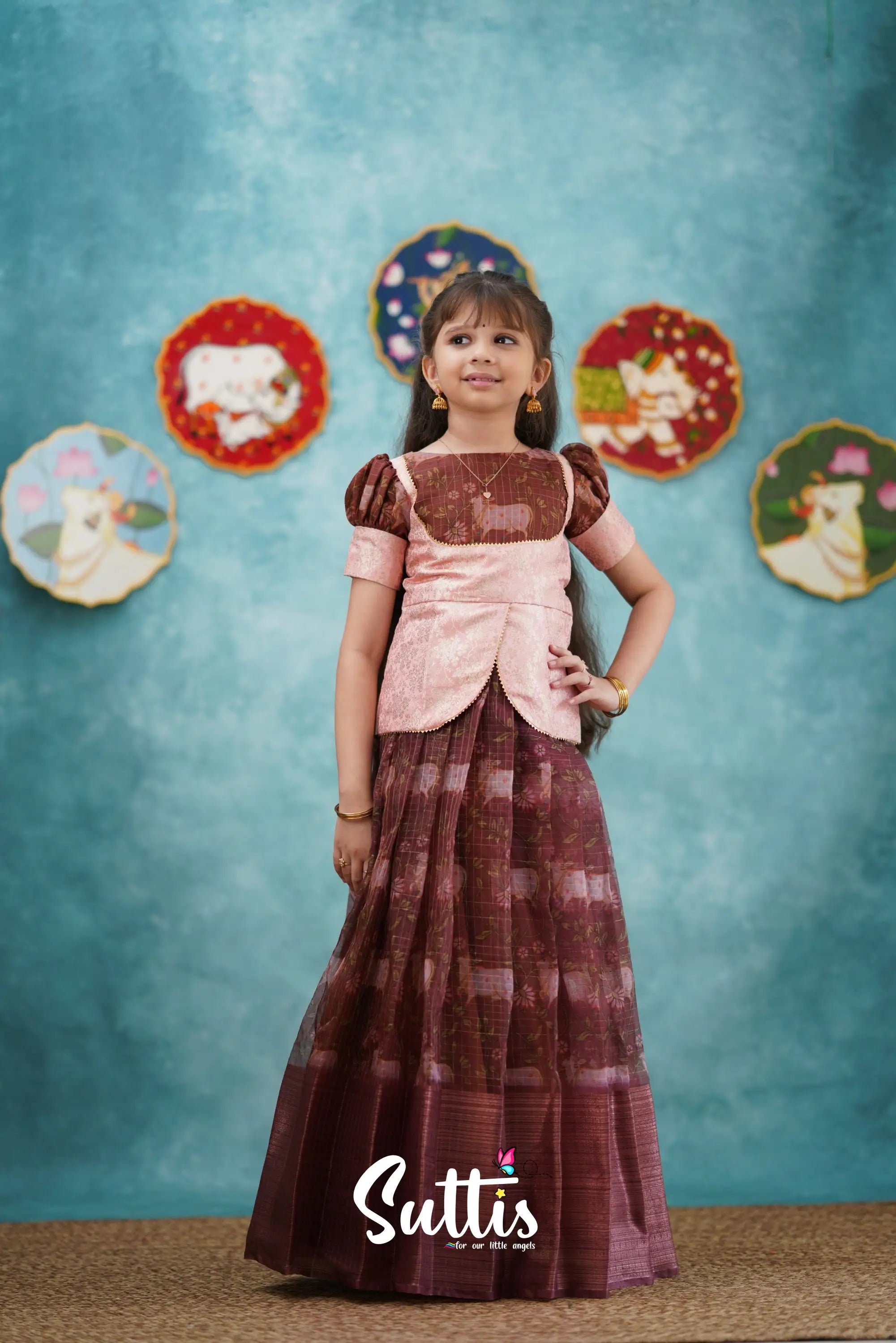 Izhaiyini - Dark Wine Organza Top And Skirt Kids-Suttis