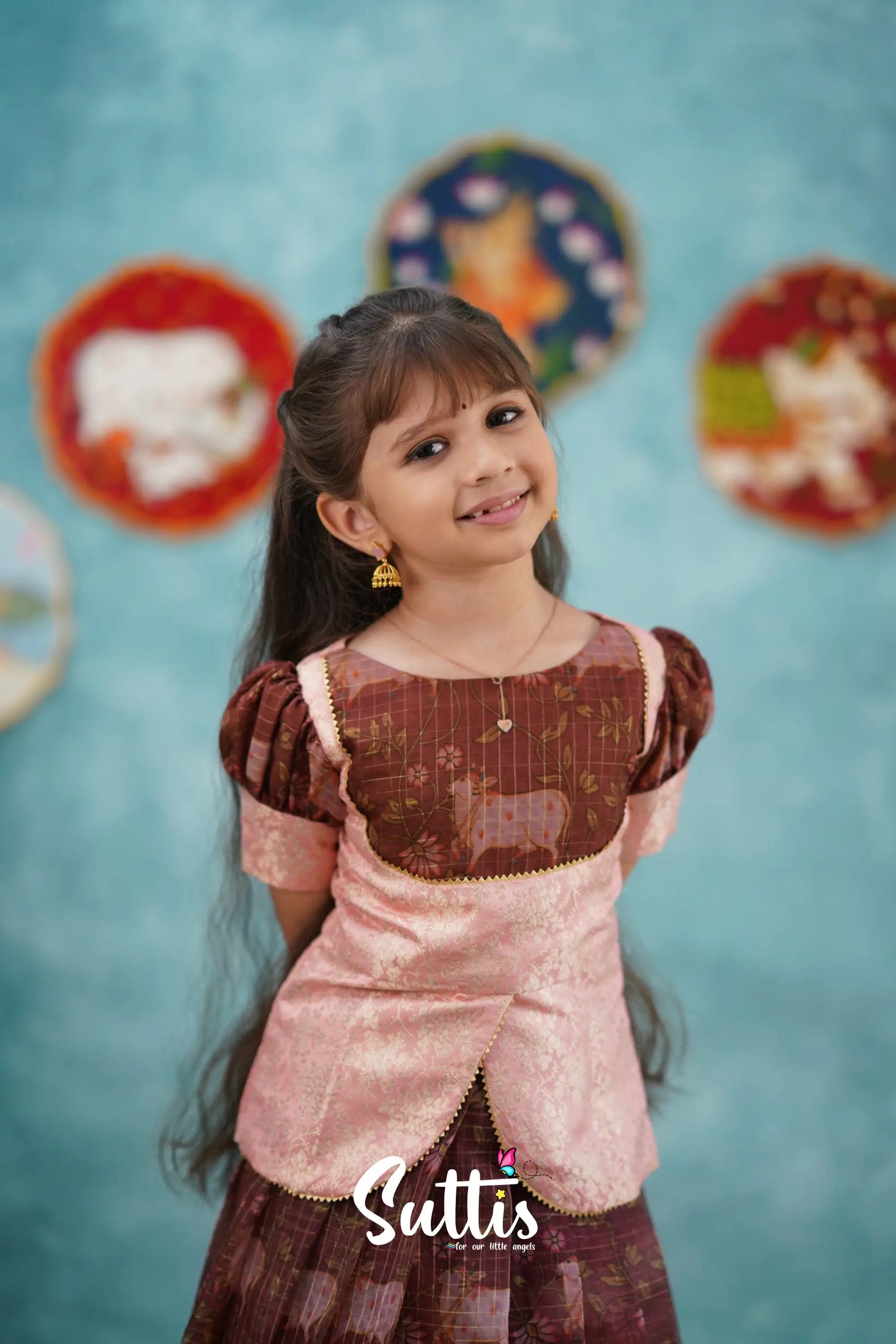 Izhaiyini - Dark Wine Organza Top And Skirt Kids-Suttis