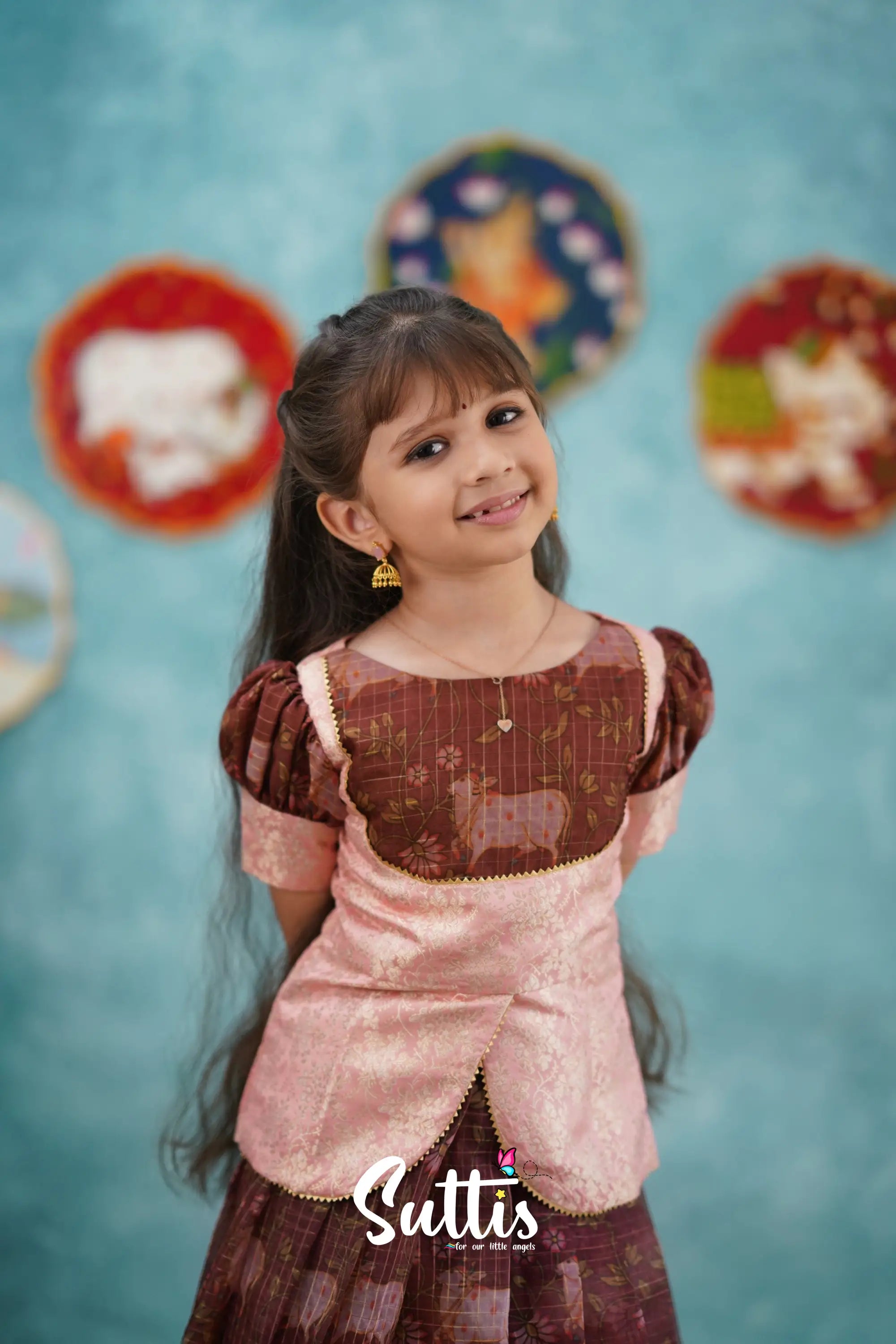 Izhaiyini - Dark Wine Organza Top And Skirt Kids-Suttis