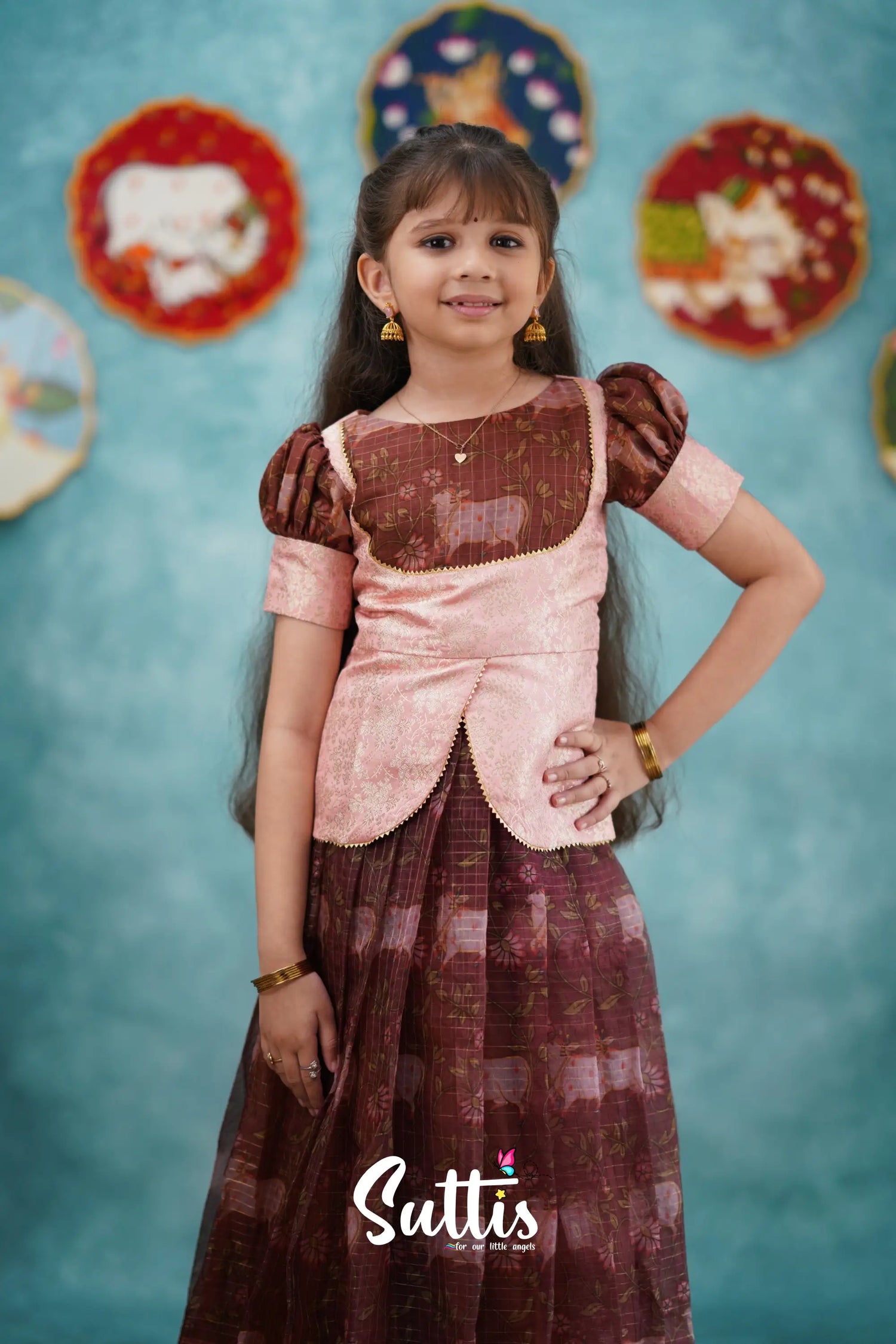 Izhaiyini - Dark Wine Organza Top And Skirt Kids-Suttis