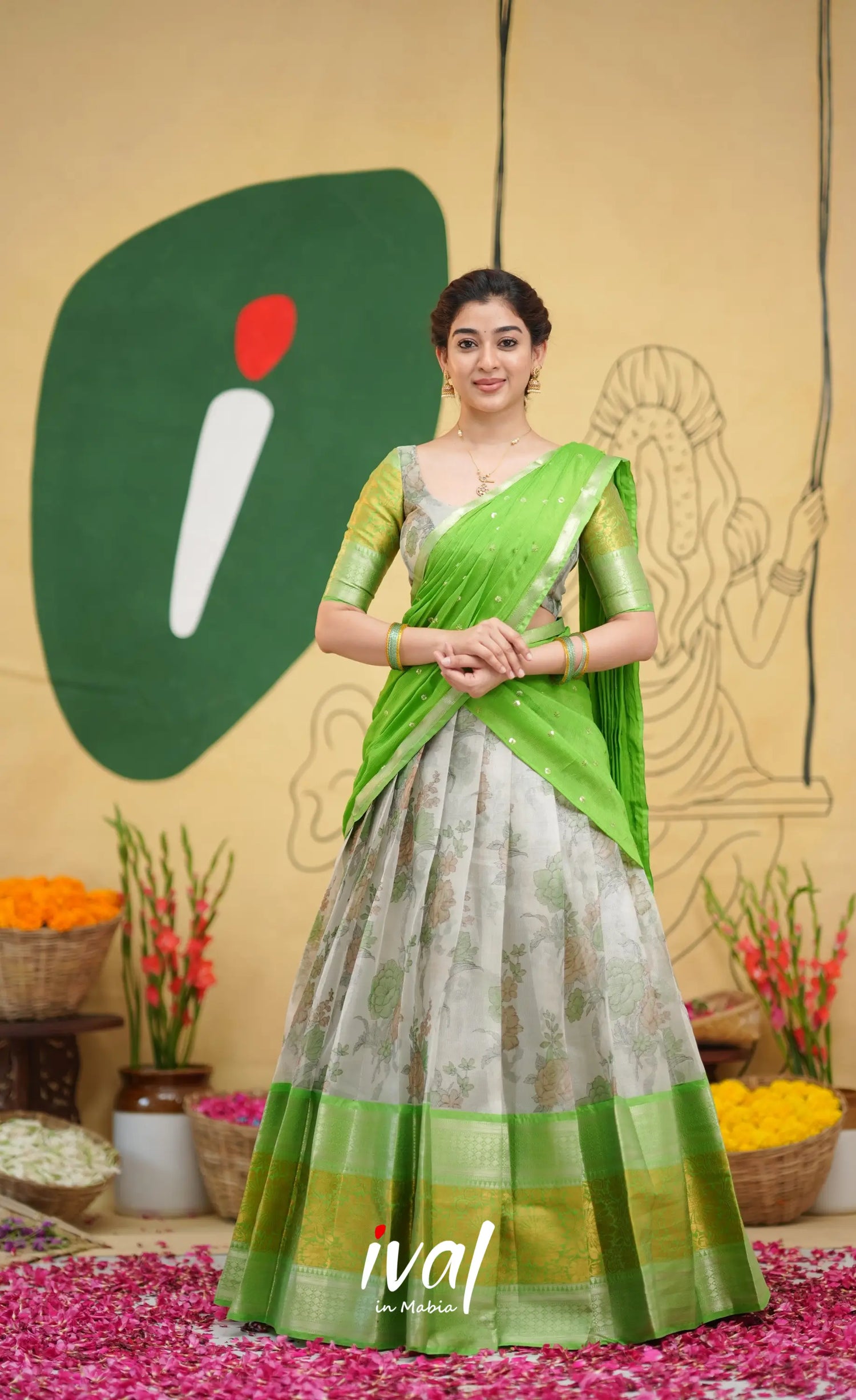 Izhaiyini - Green Floral Organza Halfsaree - Half Sarees