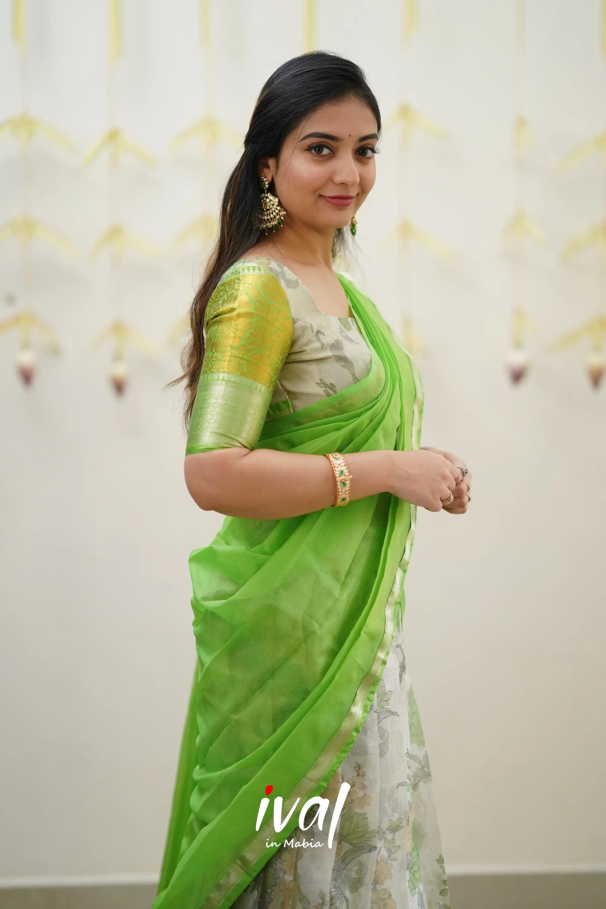 Izhaiyini - Green Floral Organza Halfsaree Half Sarees