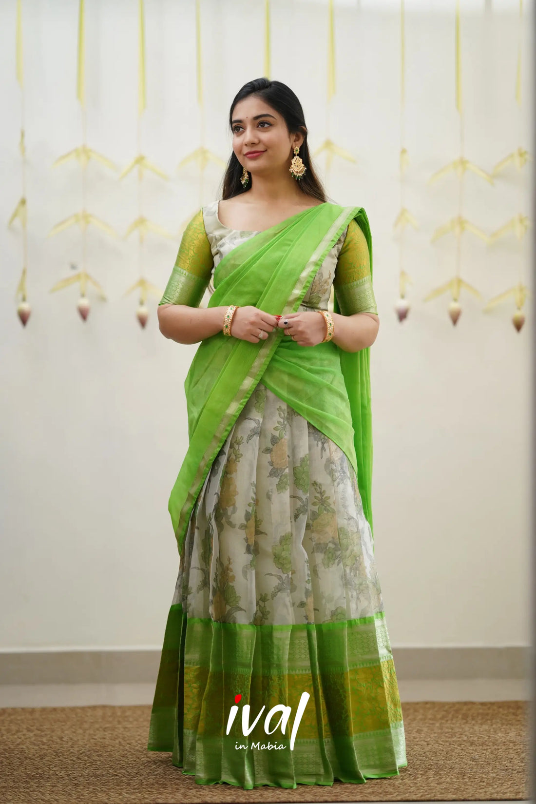 Izhaiyini - Green Floral Organza Halfsaree Half Sarees