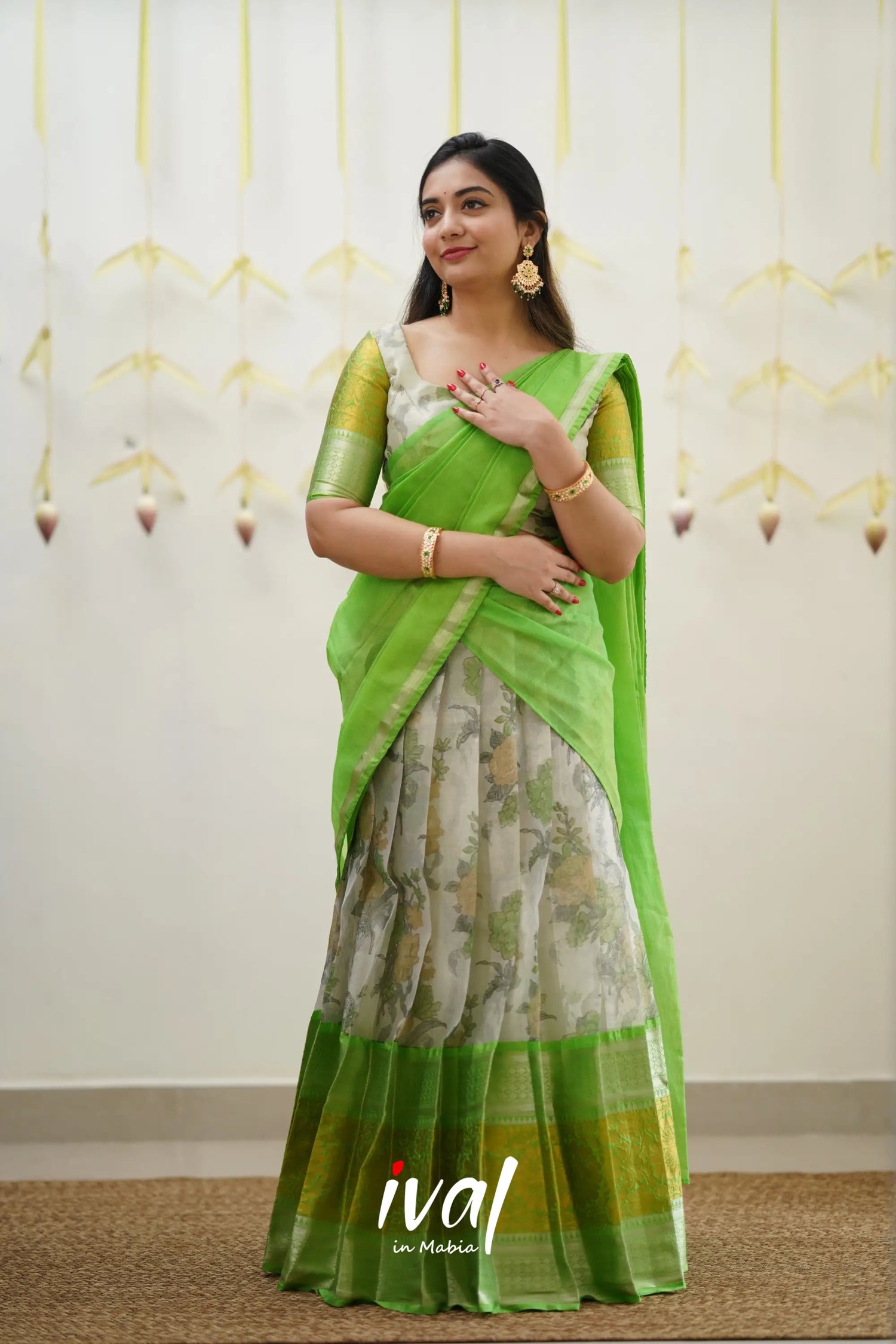 Izhaiyini - Green Floral Organza Halfsaree Half Sarees