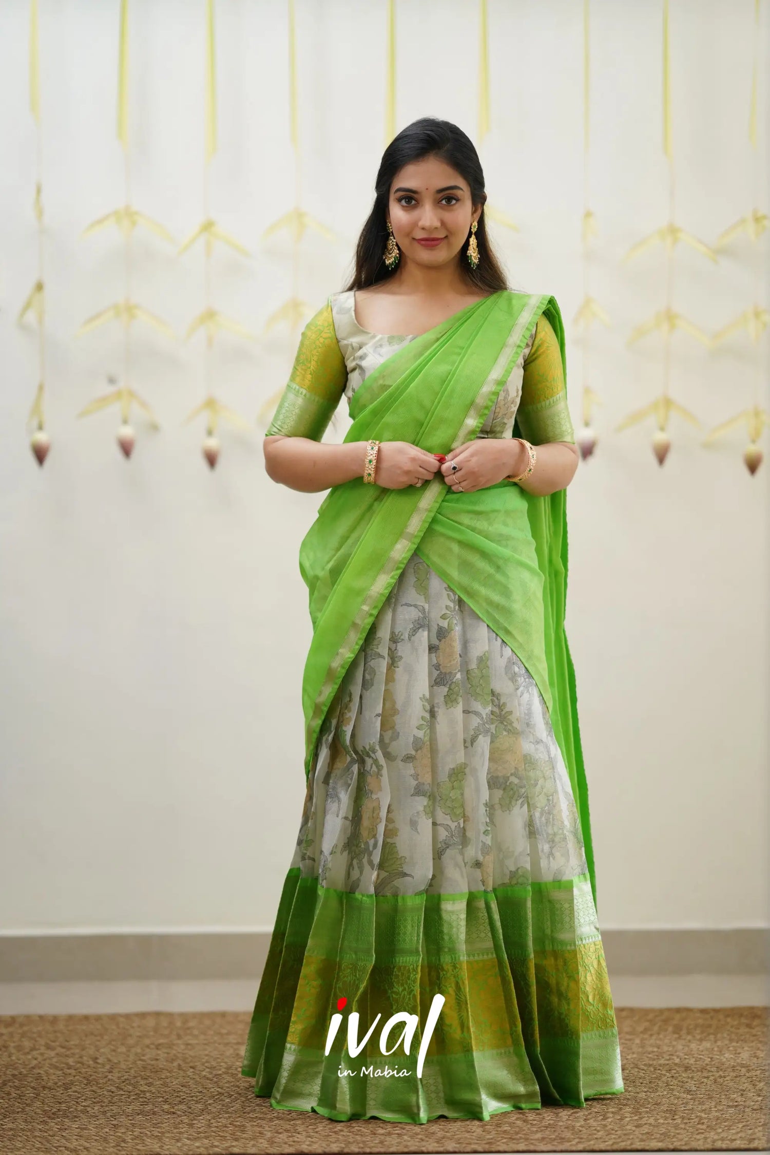 Izhaiyini - Green Floral Organza Halfsaree Half Sarees