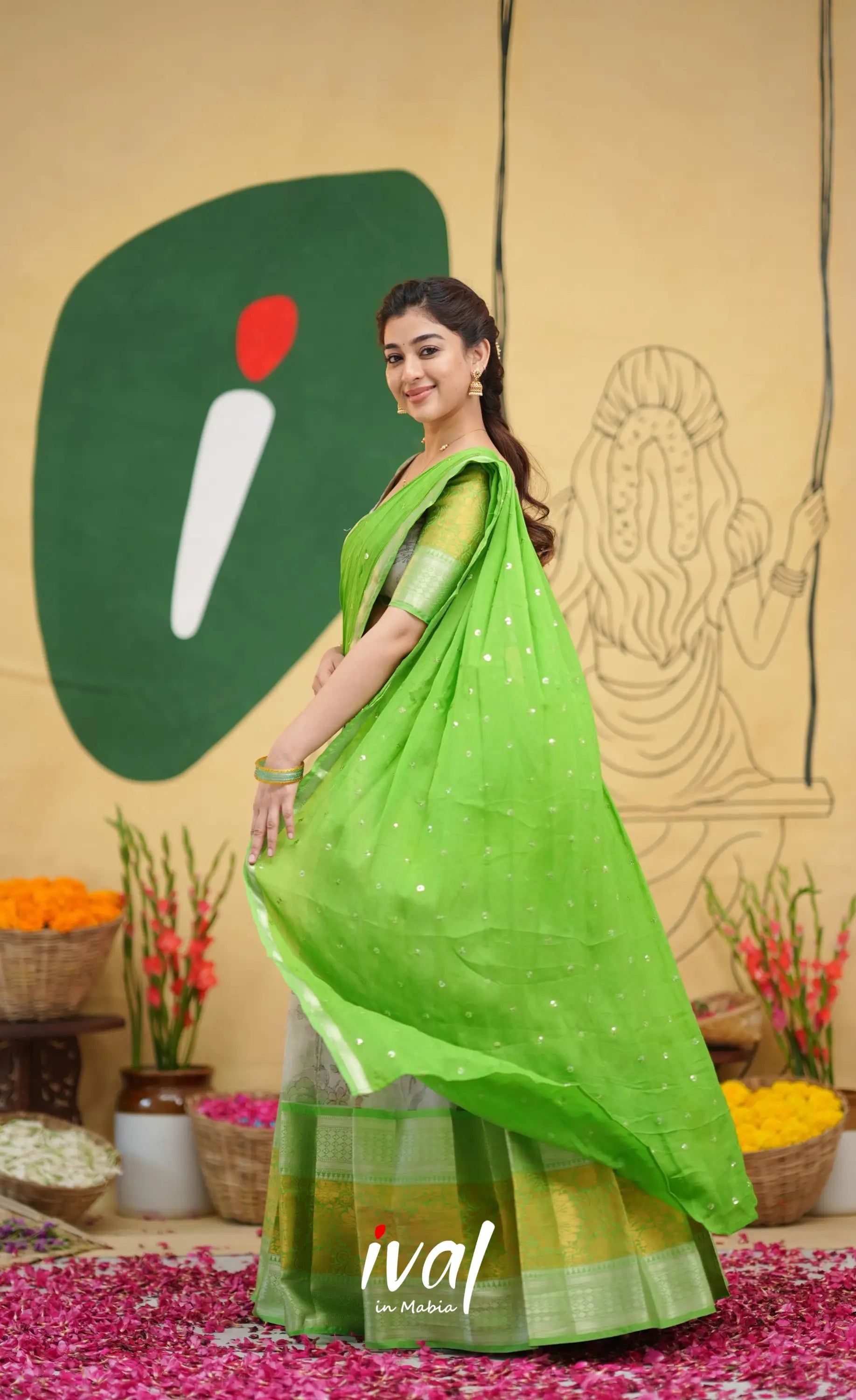 Izhaiyini - Green Floral Organza Halfsaree - Half Sarees