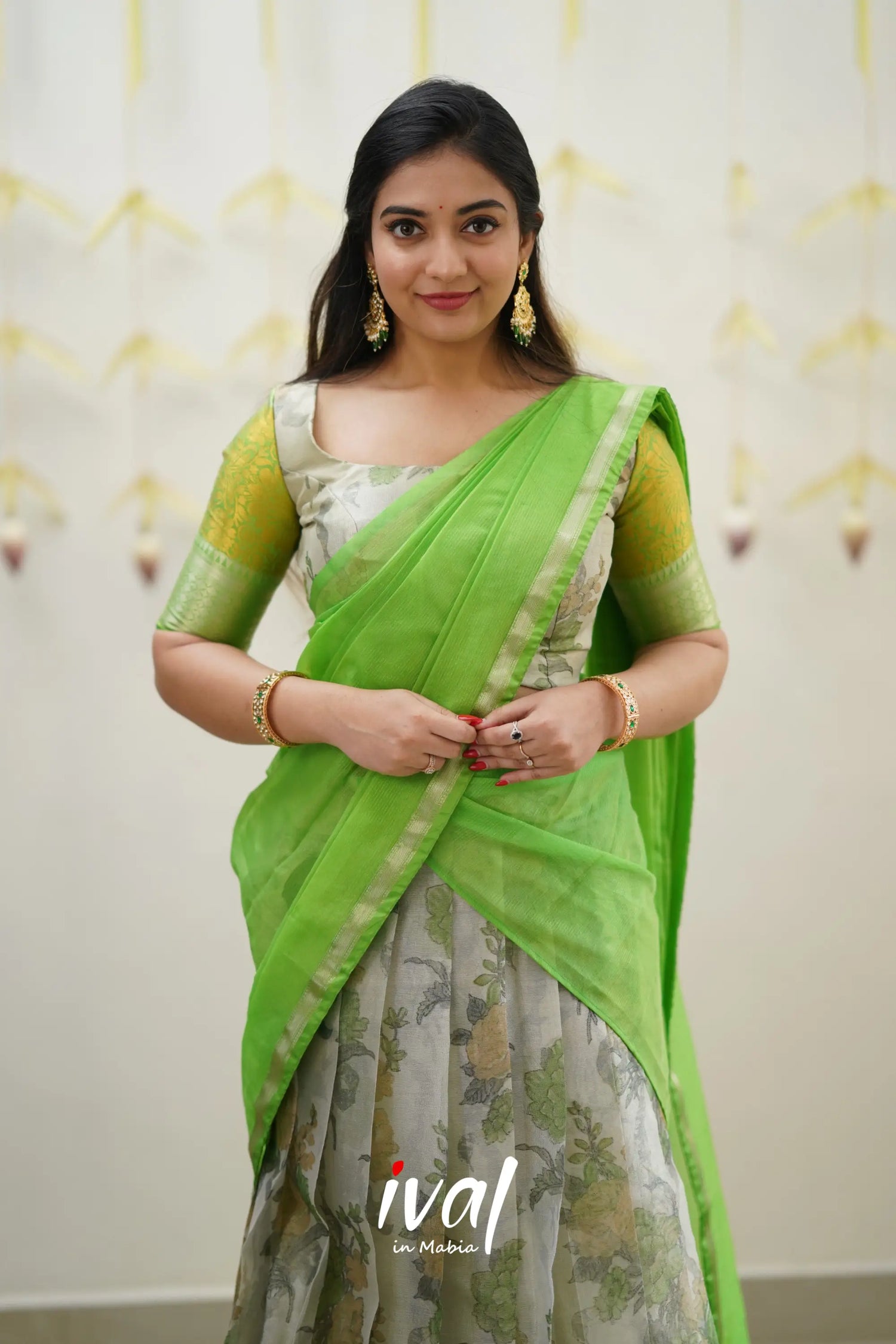 Izhaiyini - Green Floral Organza Halfsaree Half Sarees