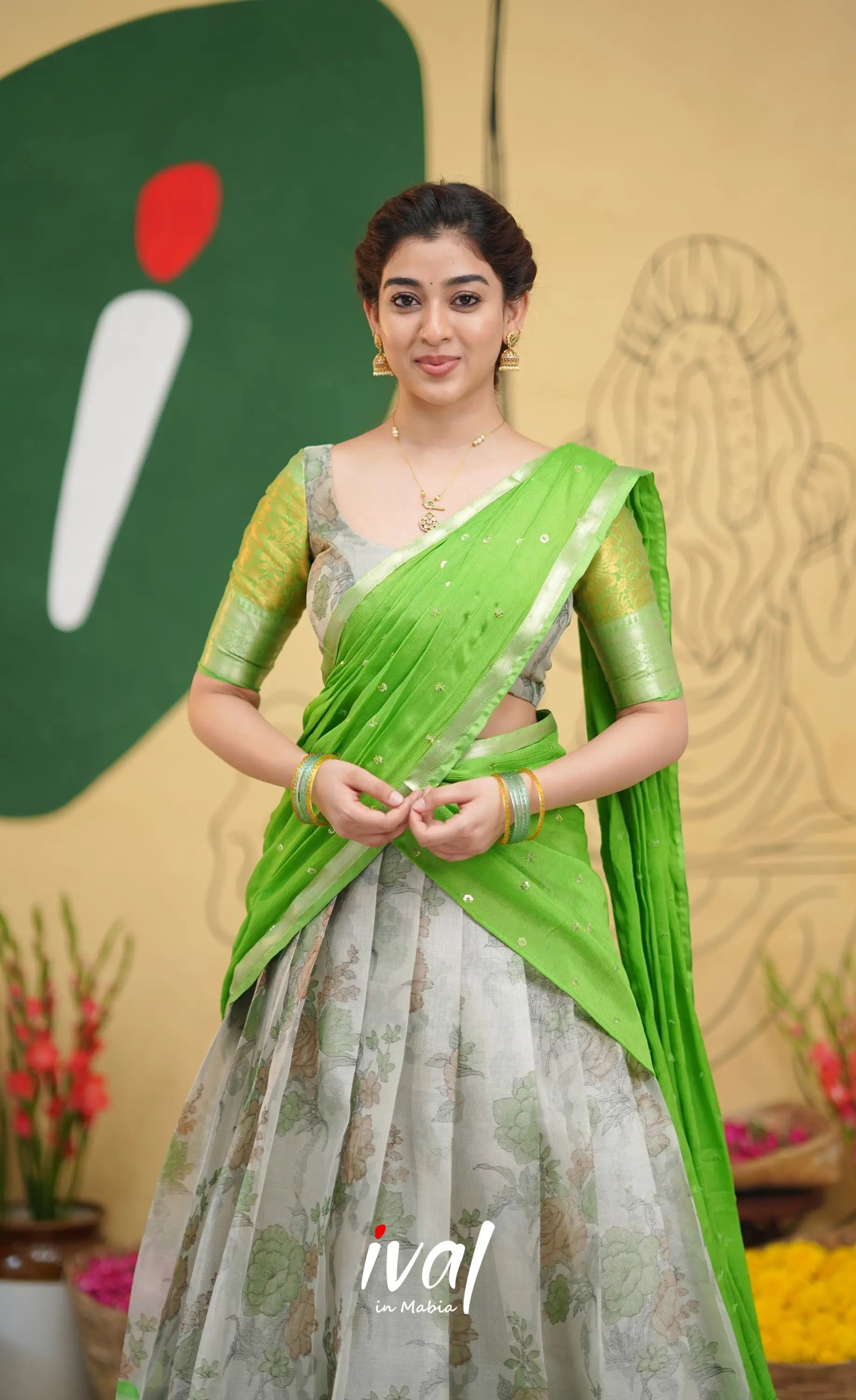 Izhaiyini - Green Floral Organza Halfsaree - Half Sarees