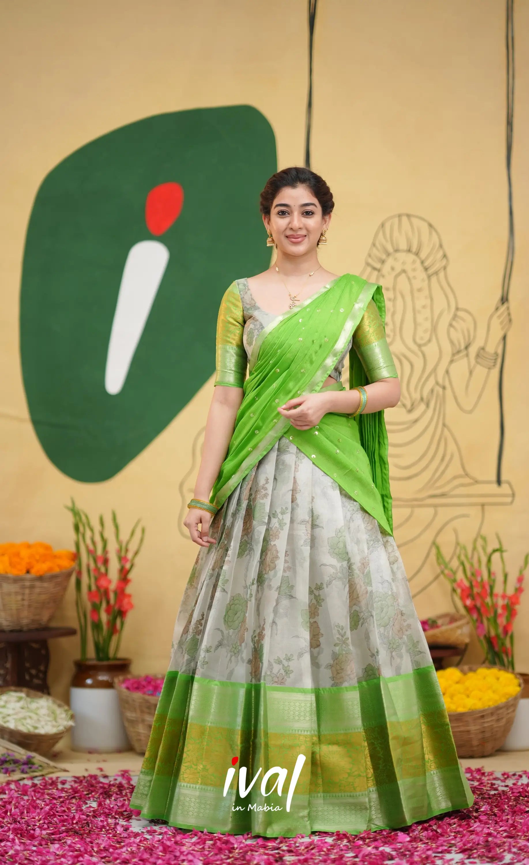 Izhaiyini - Green Floral Organza Halfsaree - Half Sarees