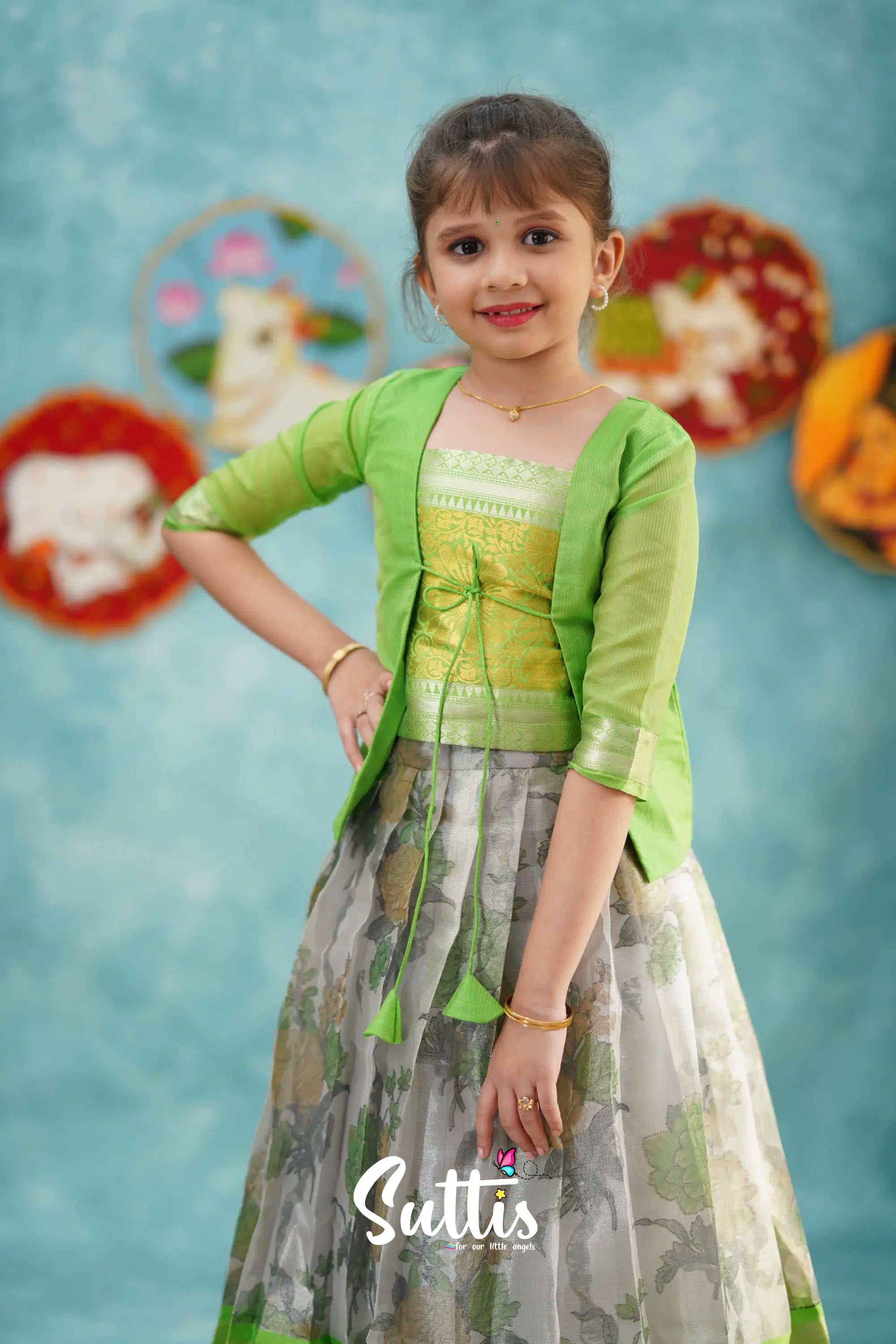 Izhaiyini - Green Organza Pavadai Sattai Kids-Suttis