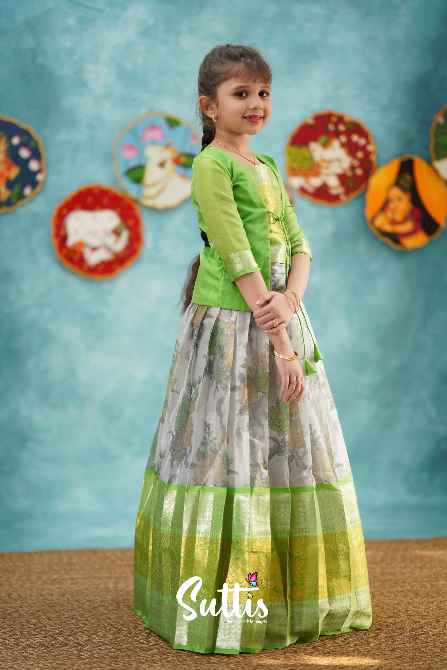 Izhaiyini - Green Organza Pavadai Sattai Kids-Suttis