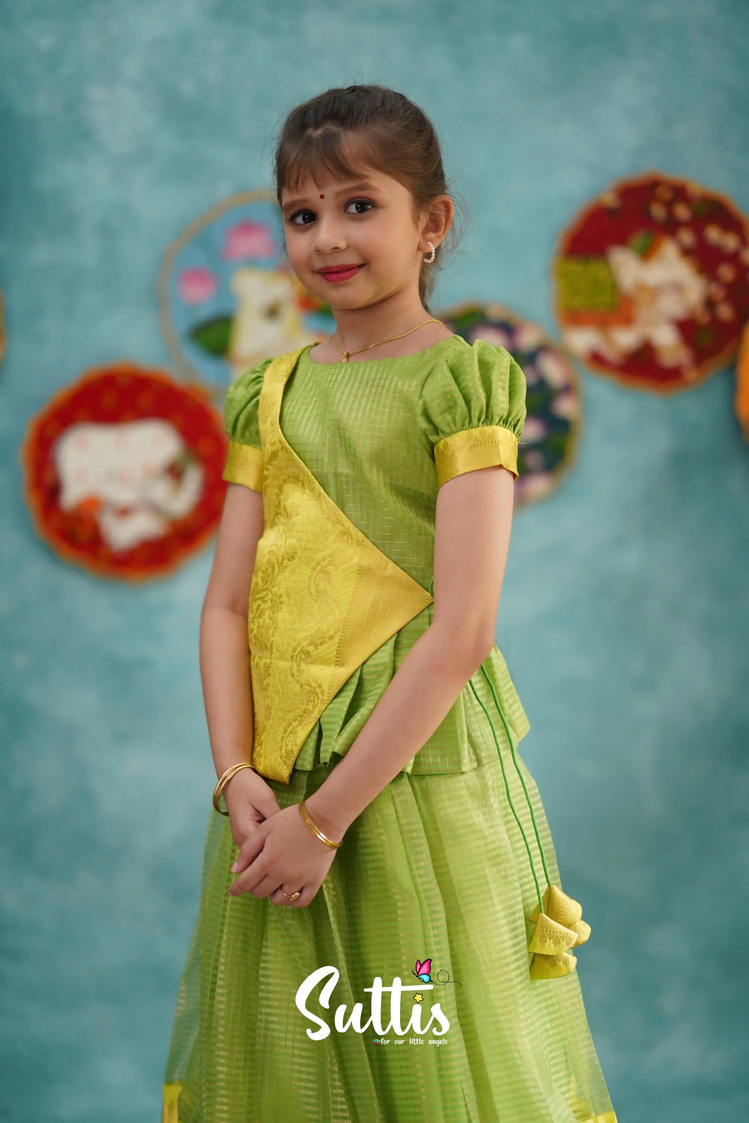 Izhaiyini - Green Organza Top And Skirt Kids-Suttis