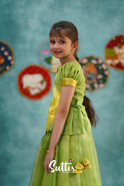 Izhaiyini - Green Organza Top And Skirt Kids-Suttis