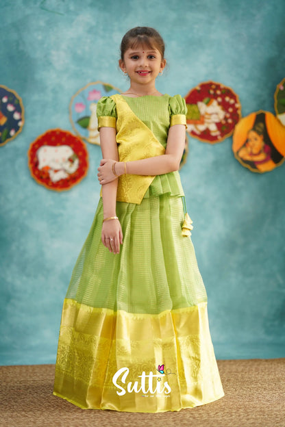 Izhaiyini - Green Organza Top And Skirt Kids-Suttis