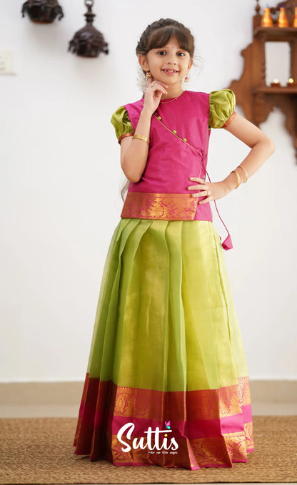 Izhaiyini - Green Shade And Hot Pink Tone Organza Pavadai Sattai Kids-Suttis