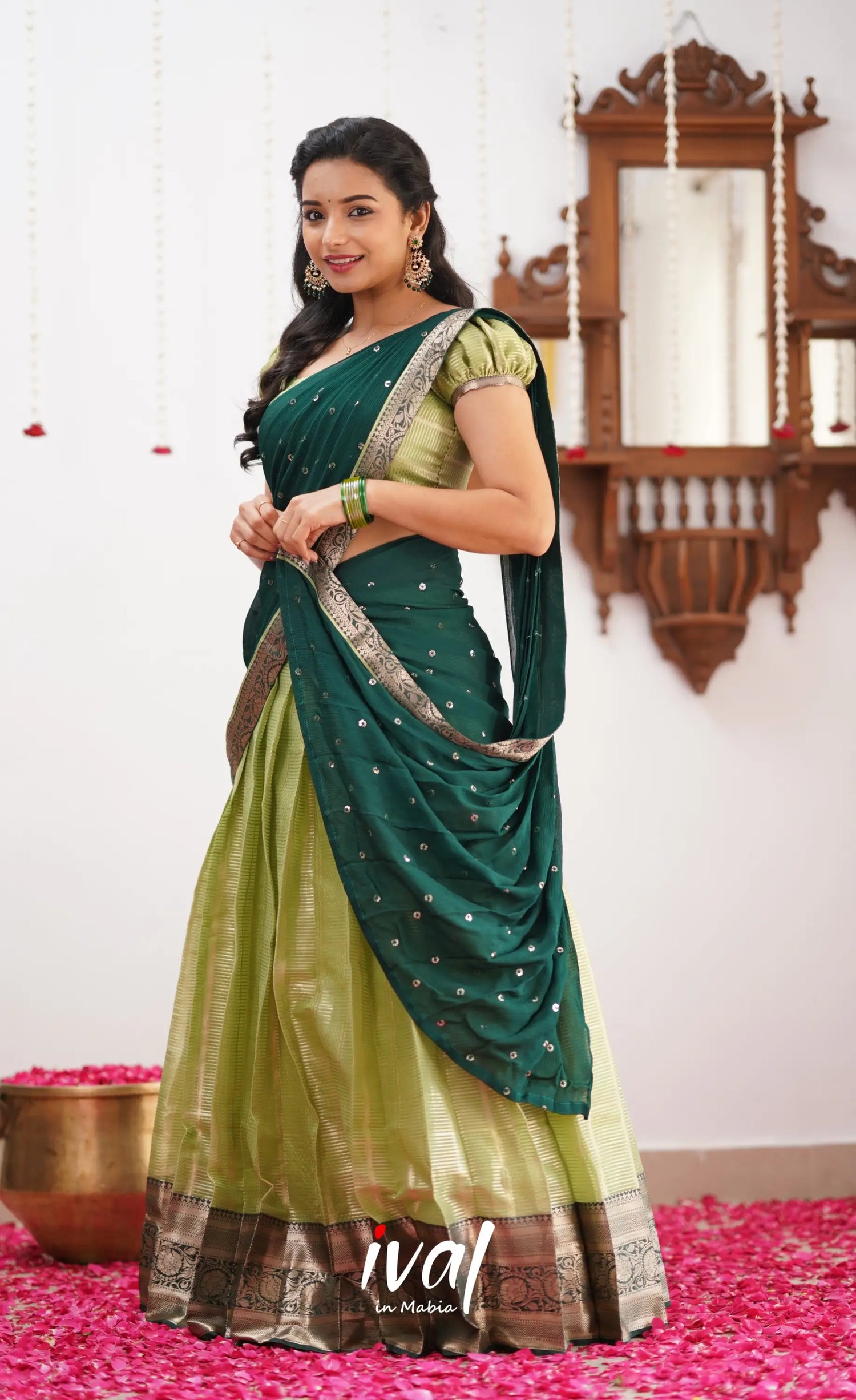 Izhaiyini Pista Green Shade And Dark Tone Organza Halfsaree Half Sarees