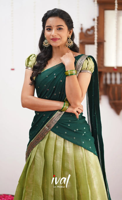 Izhaiyini Pista Green Shade And Dark Tone Organza Halfsaree Half Sarees