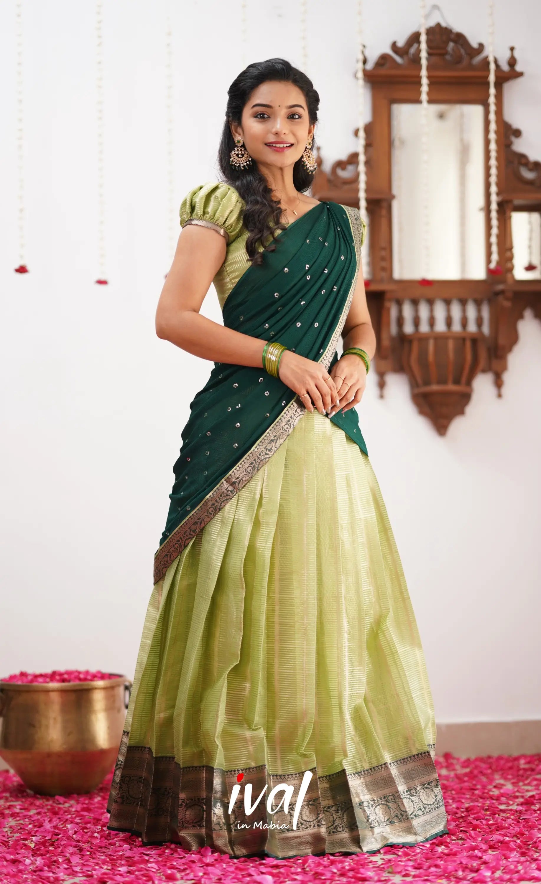 Izhaiyini Pista Green Shade And Dark Tone Organza Halfsaree Half Sarees