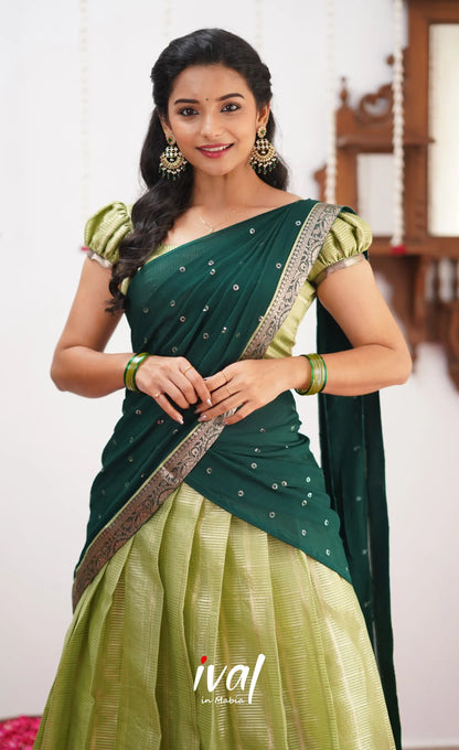 Izhaiyini Pista Green Shade And Dark Tone Organza Halfsaree Half Sarees