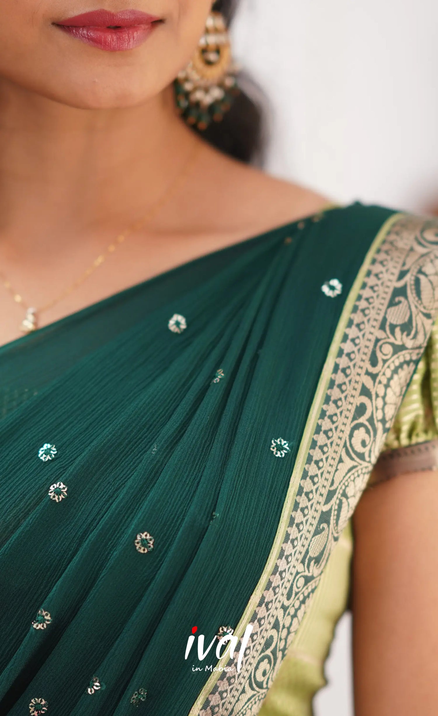 Izhaiyini Pista Green Shade And Dark Tone Organza Halfsaree Half Sarees