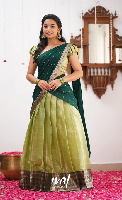 Izhaiyini Pista Green Shade And Dark Tone Organza Halfsaree Half Sarees