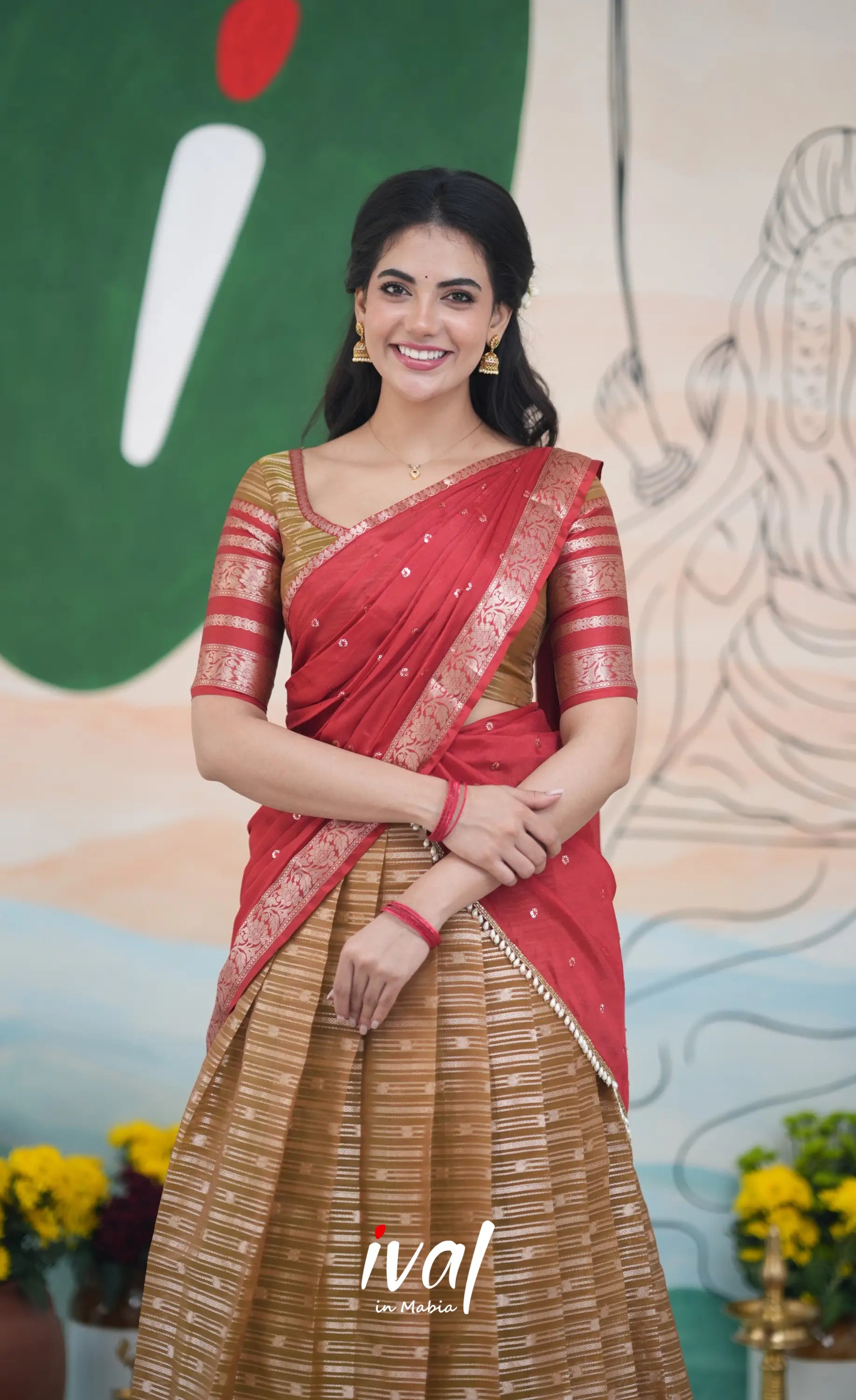 Izhaiyini Halfsaree - Henna Brown and Rust Orange Half Sarees