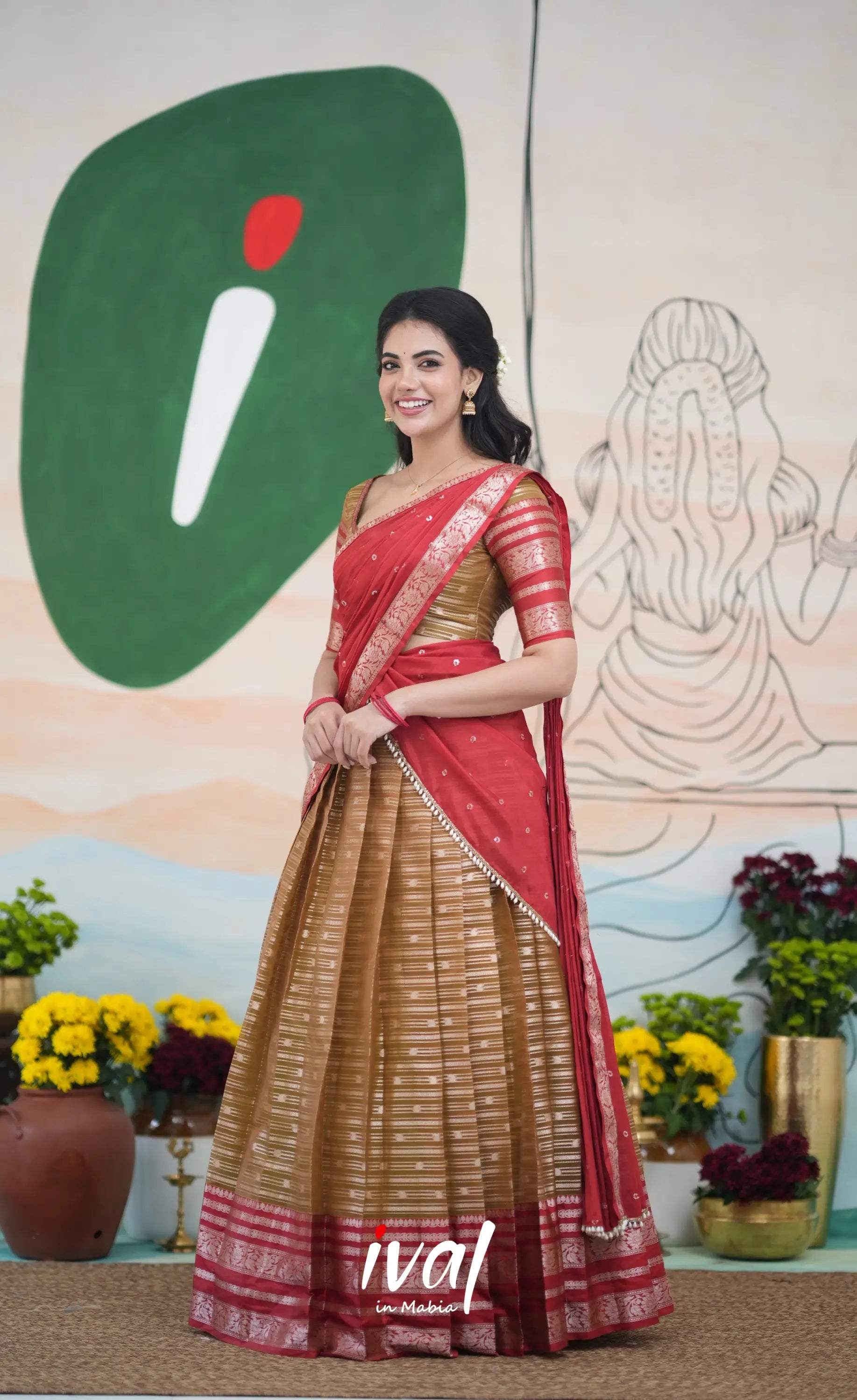 Izhaiyini Halfsaree - Henna Brown and Rust Orange Half Sarees