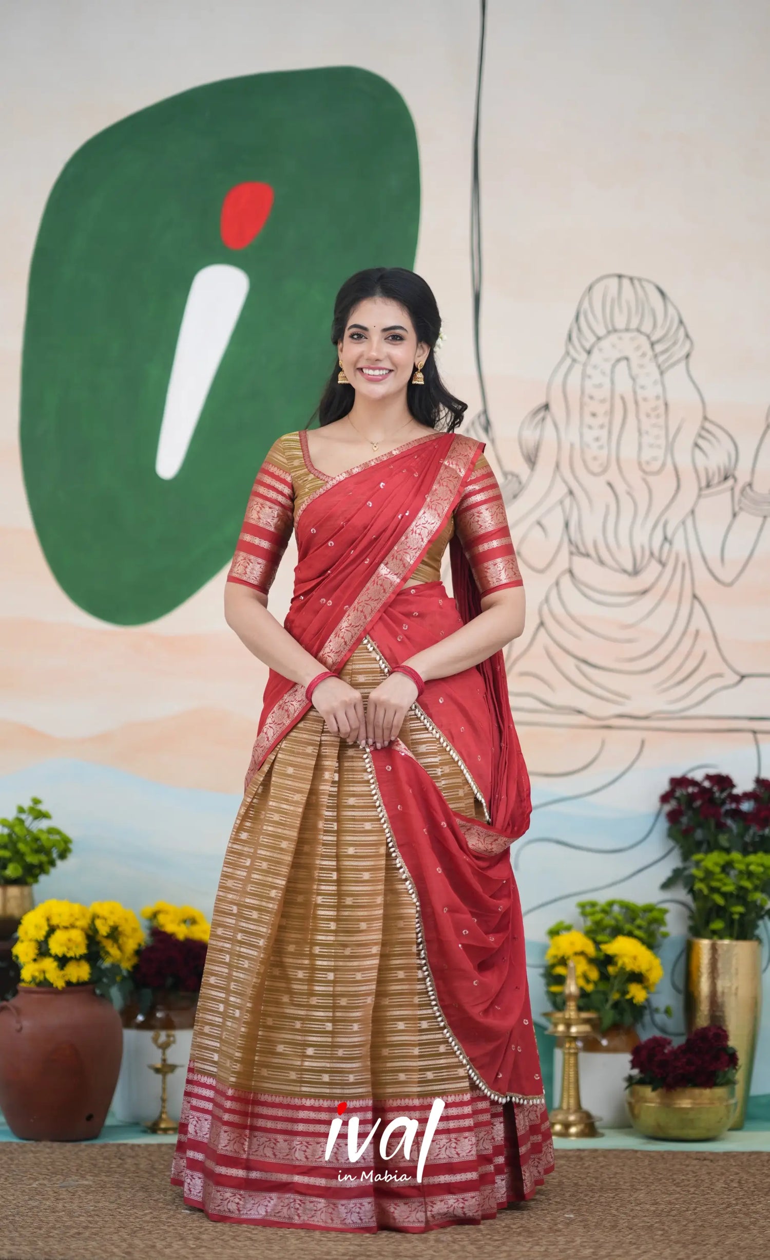 Izhaiyini Halfsaree - Henna Brown and Rust Orange Half Sarees