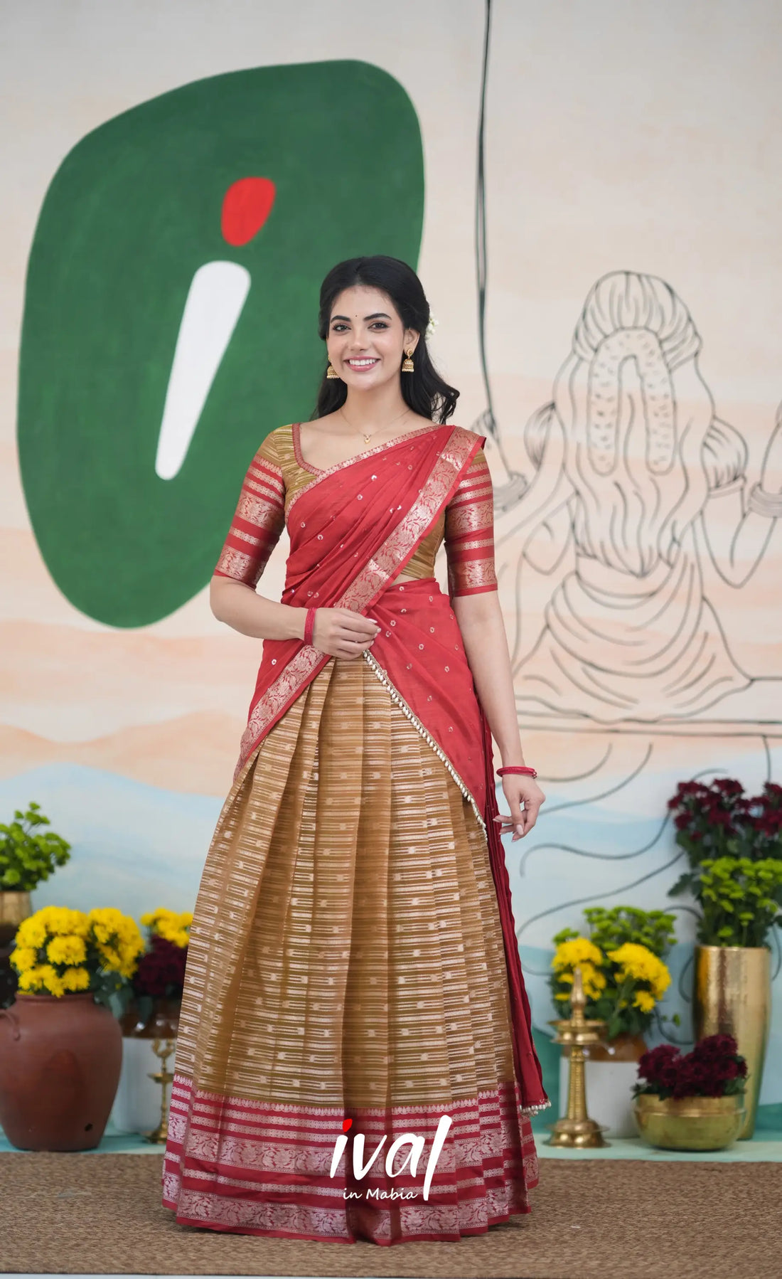 Izhaiyini Halfsaree - Henna Brown and Rust Orange Half Sarees