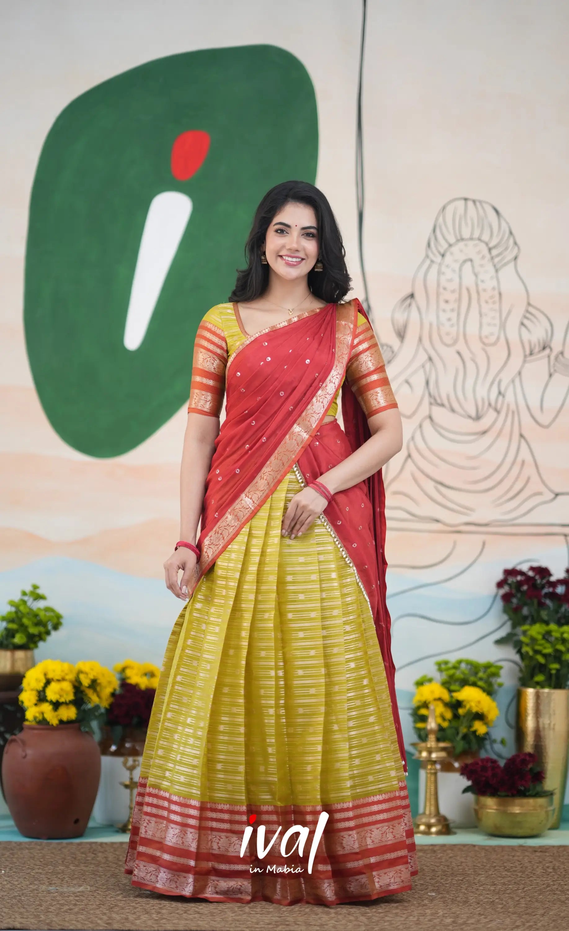 Izhaiyini Halfsaree - Henna yellow and Rust Orange Half Sarees