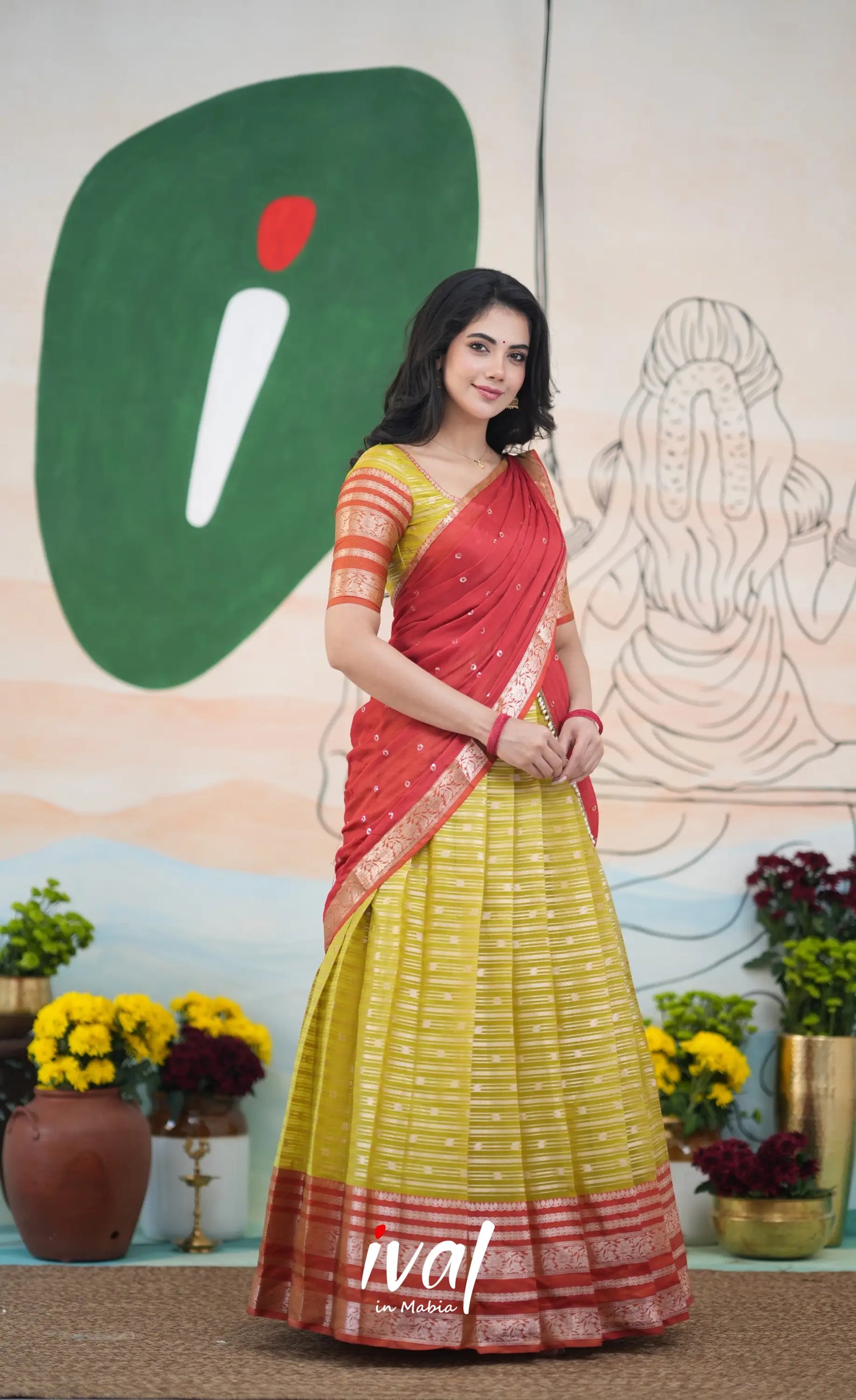 Izhaiyini Halfsaree - Henna yellow and Rust Orange Half Sarees