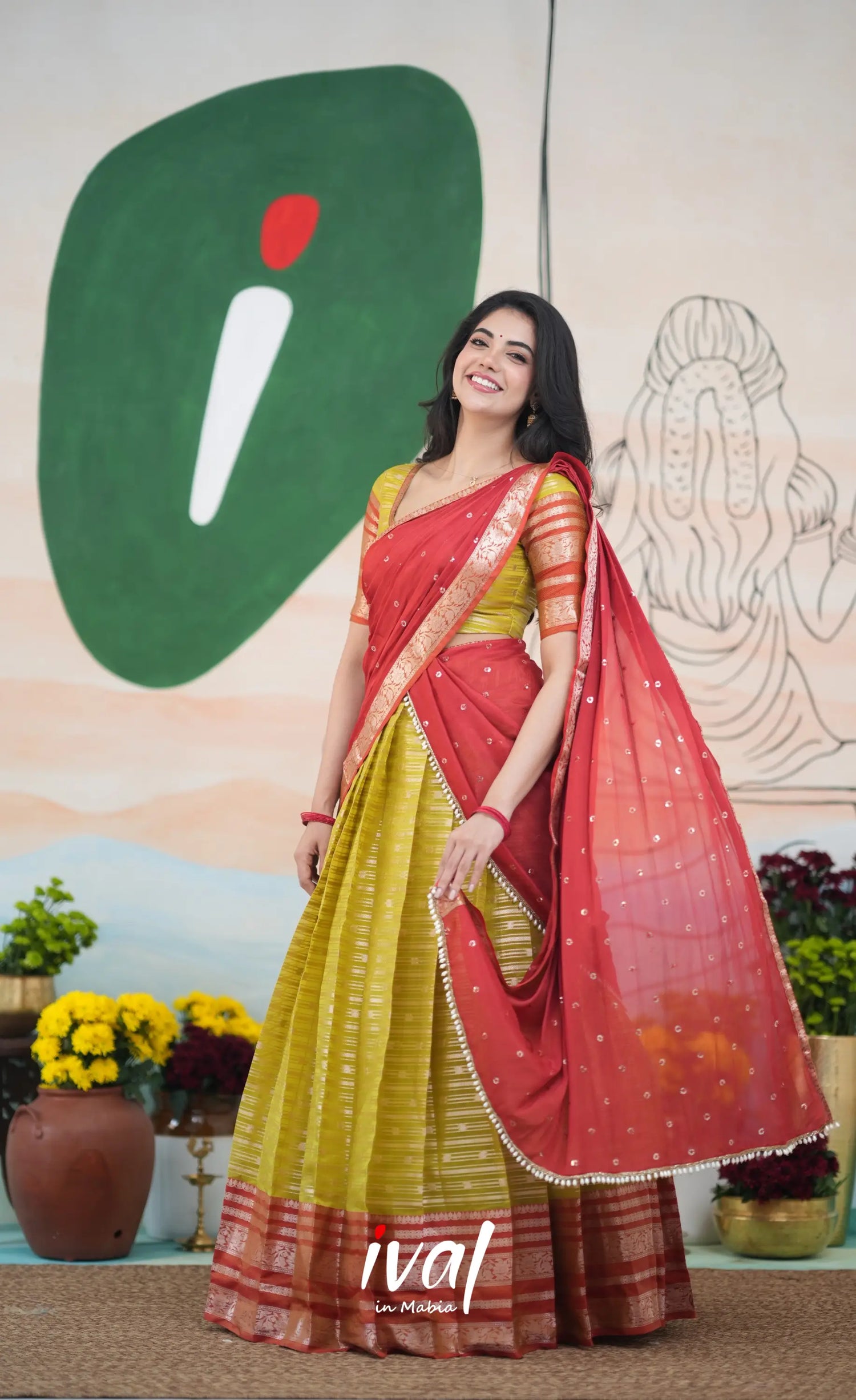 Izhaiyini Halfsaree - Henna yellow and Rust Orange Half Sarees