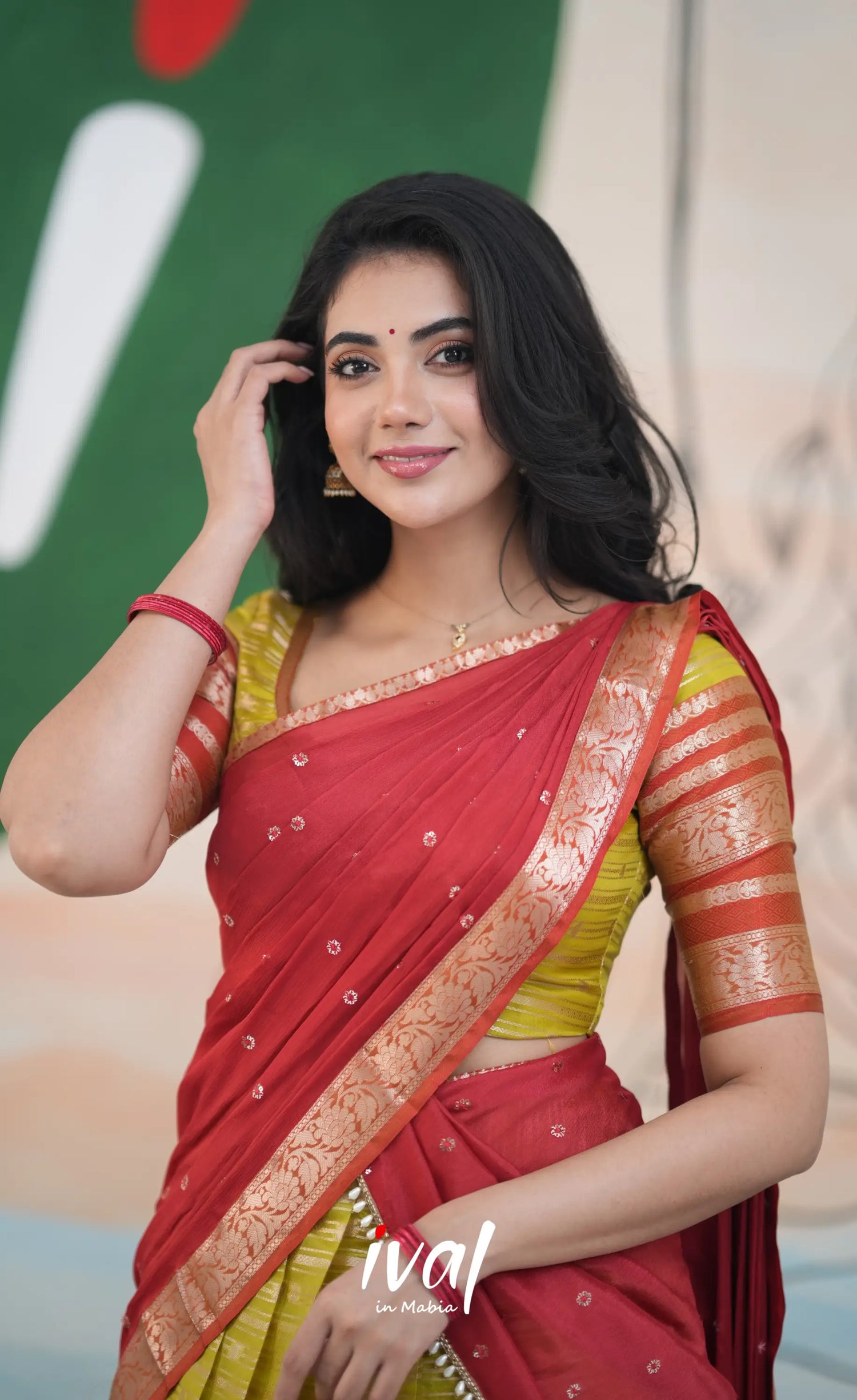 Izhaiyini Halfsaree - Henna yellow and Rust Orange Half Sarees