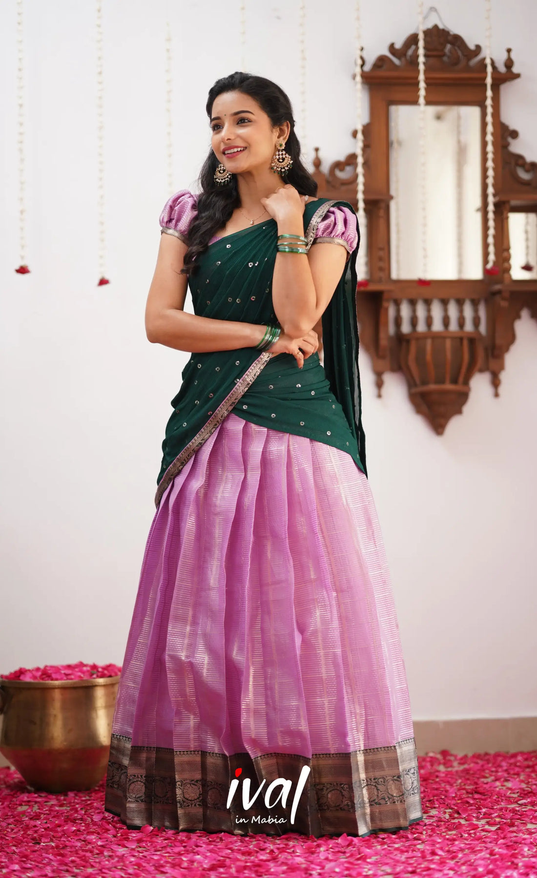 Izhaiyini Shade Of Light Lavender And Dark Green Tone Organza Halfsaree Half Sarees