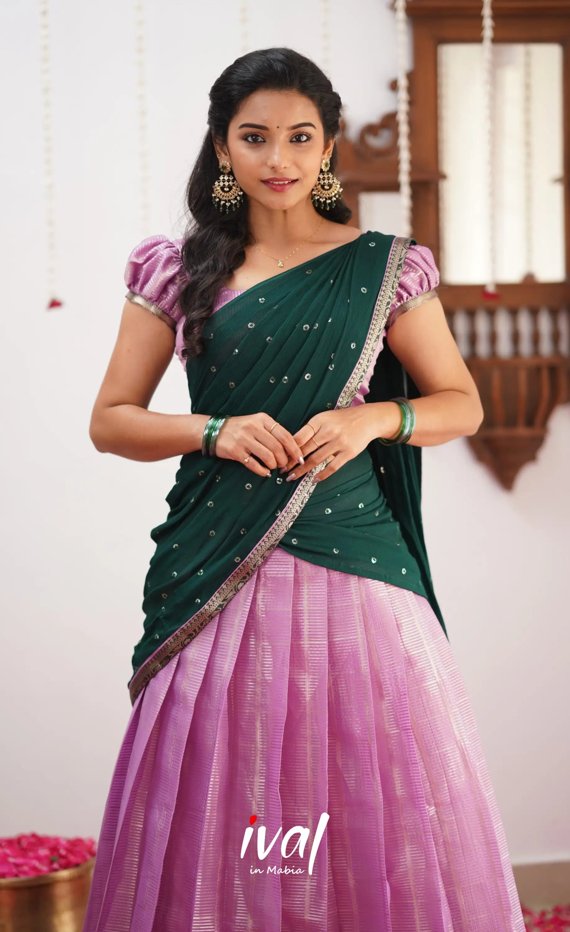 Izhaiyini Shade Of Light Lavender And Dark Green Tone Organza Halfsaree Half Sarees