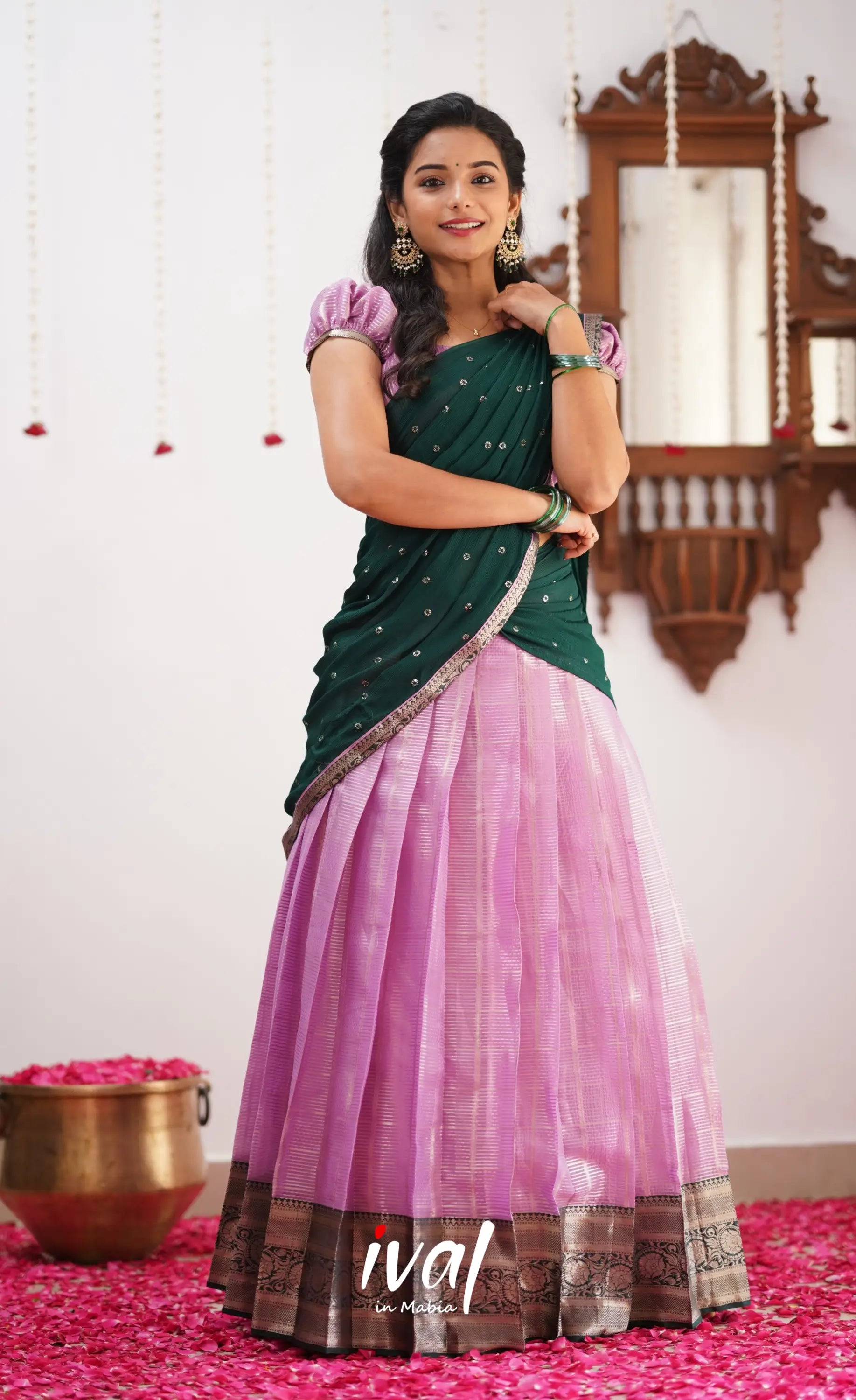 Izhaiyini Shade Of Light Lavender And Dark Green Tone Organza Halfsaree Half Sarees