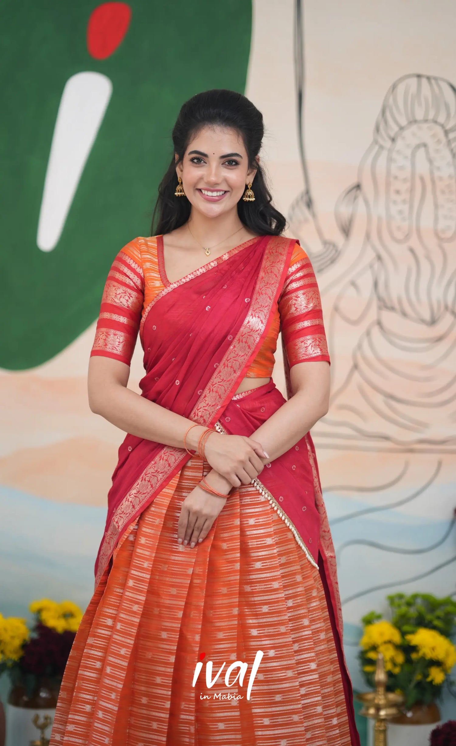 Izhaiyini Halfsaree - Orange and Red Half Sarees