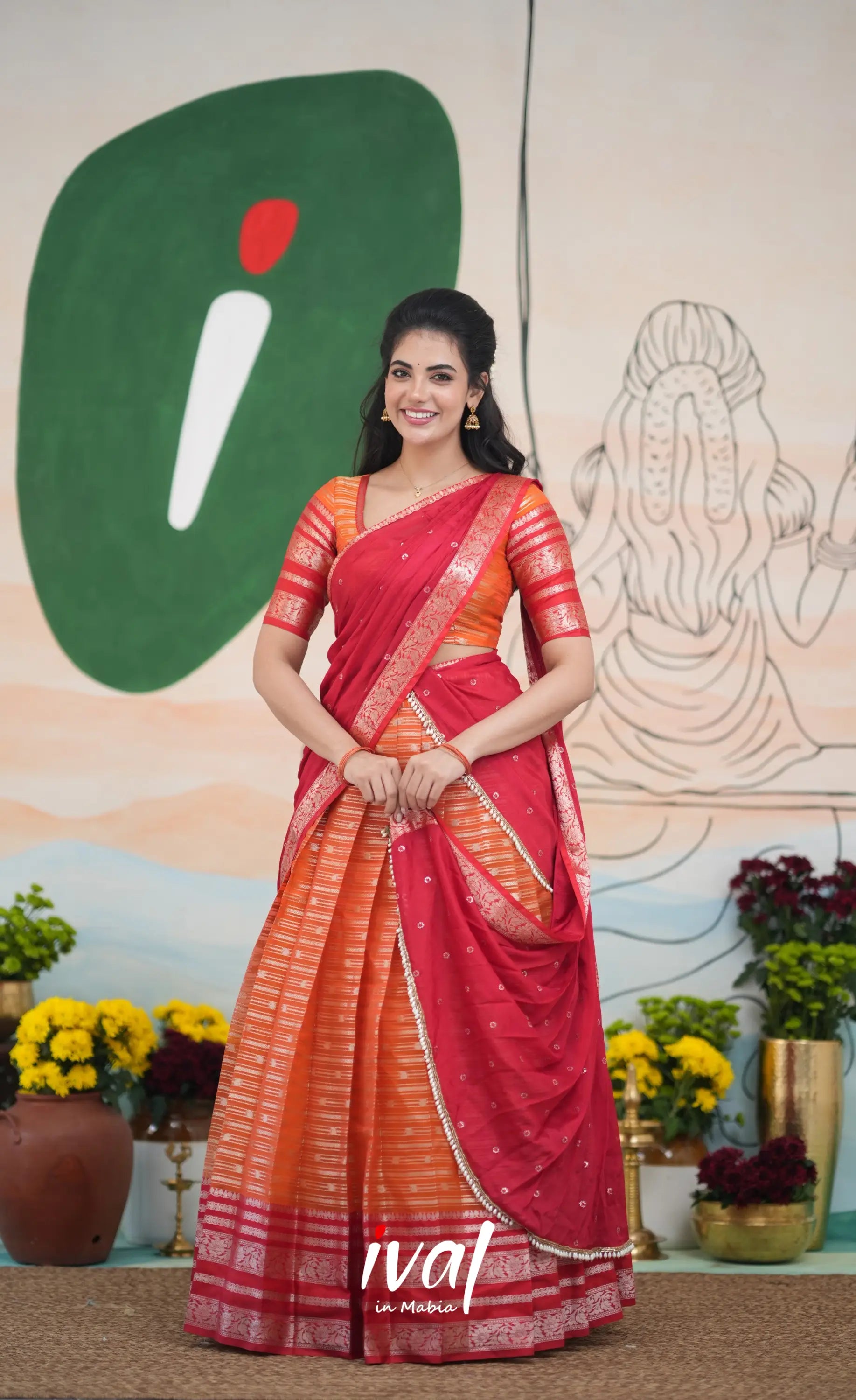 Izhaiyini Halfsaree - Orange and Red Half Sarees