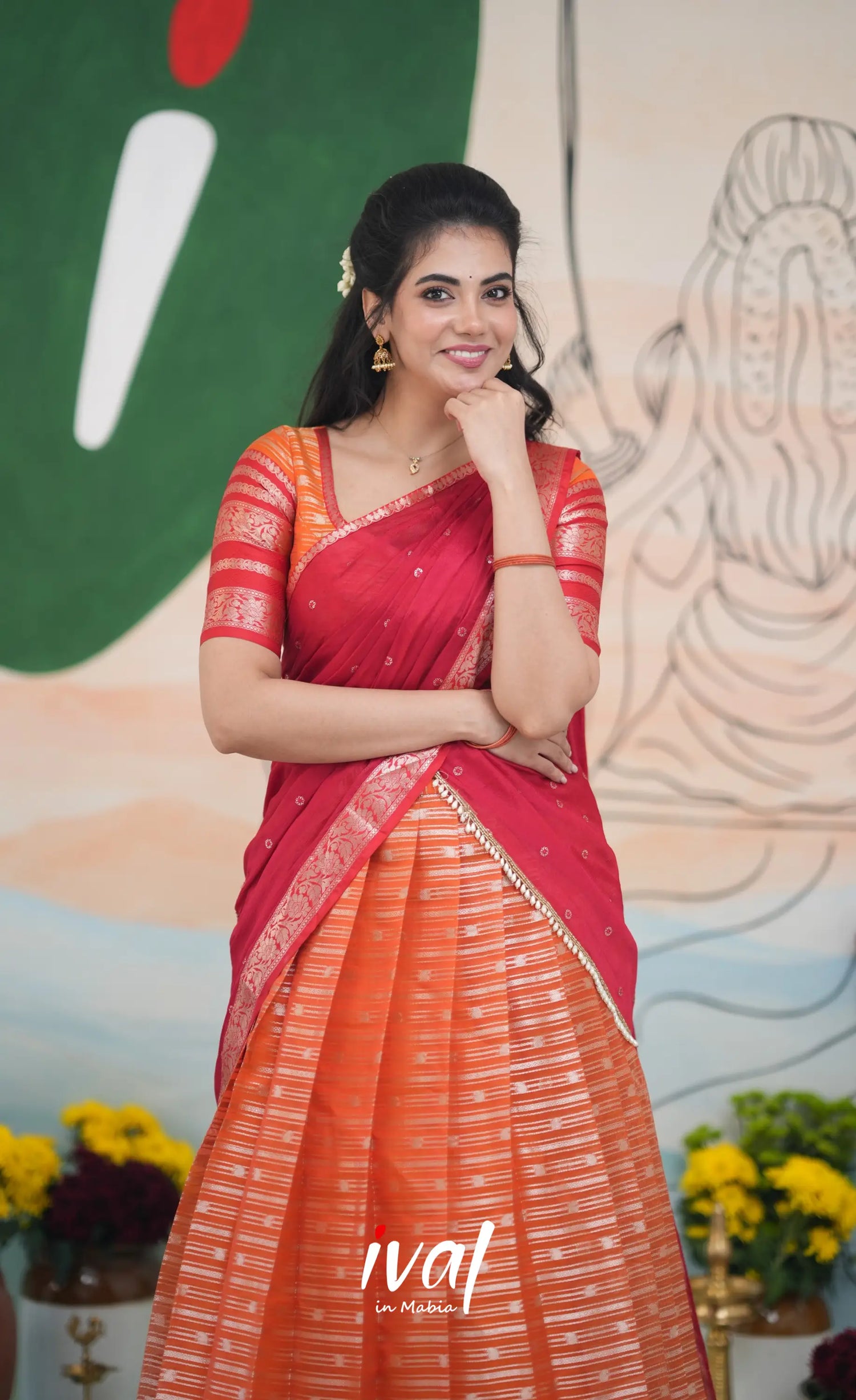 Izhaiyini Halfsaree - Orange and Red Half Sarees