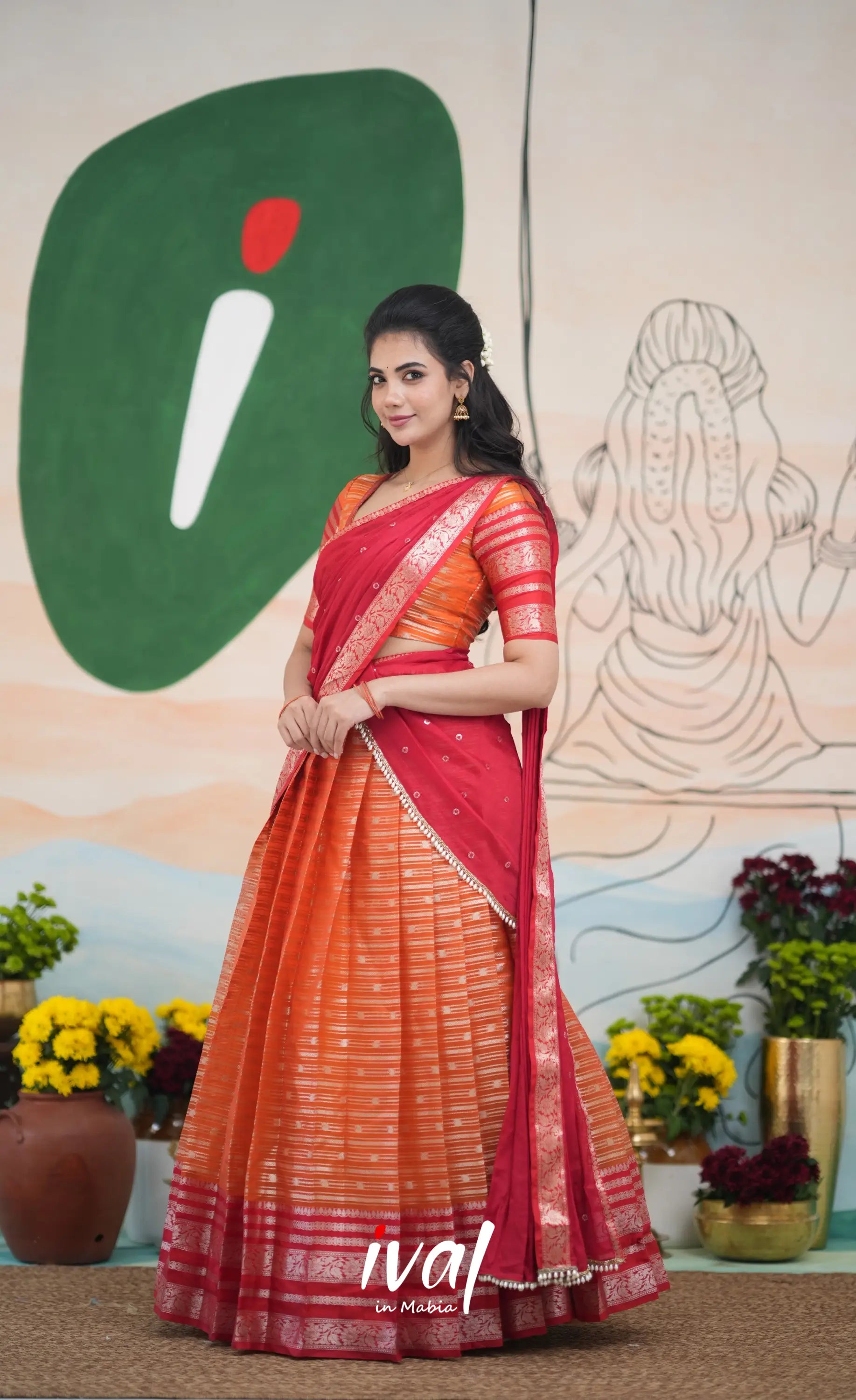 Izhaiyini Halfsaree - Orange and Red Half Sarees