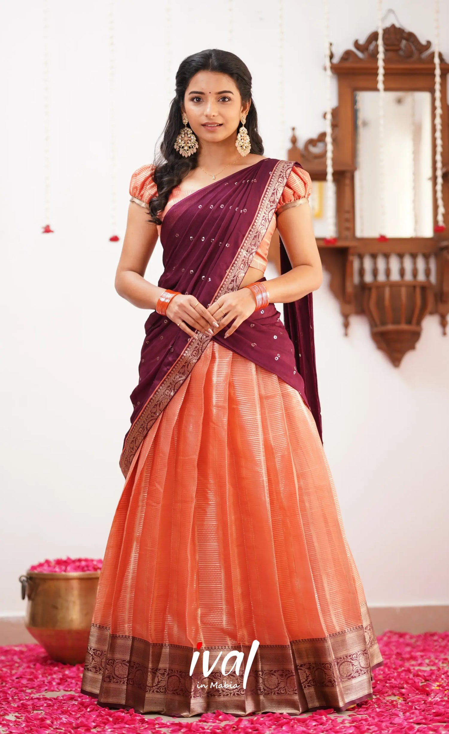 Izhaiyini Shade Of Peach And Dark Maroon Tone Organza Halfsaree Half Sarees