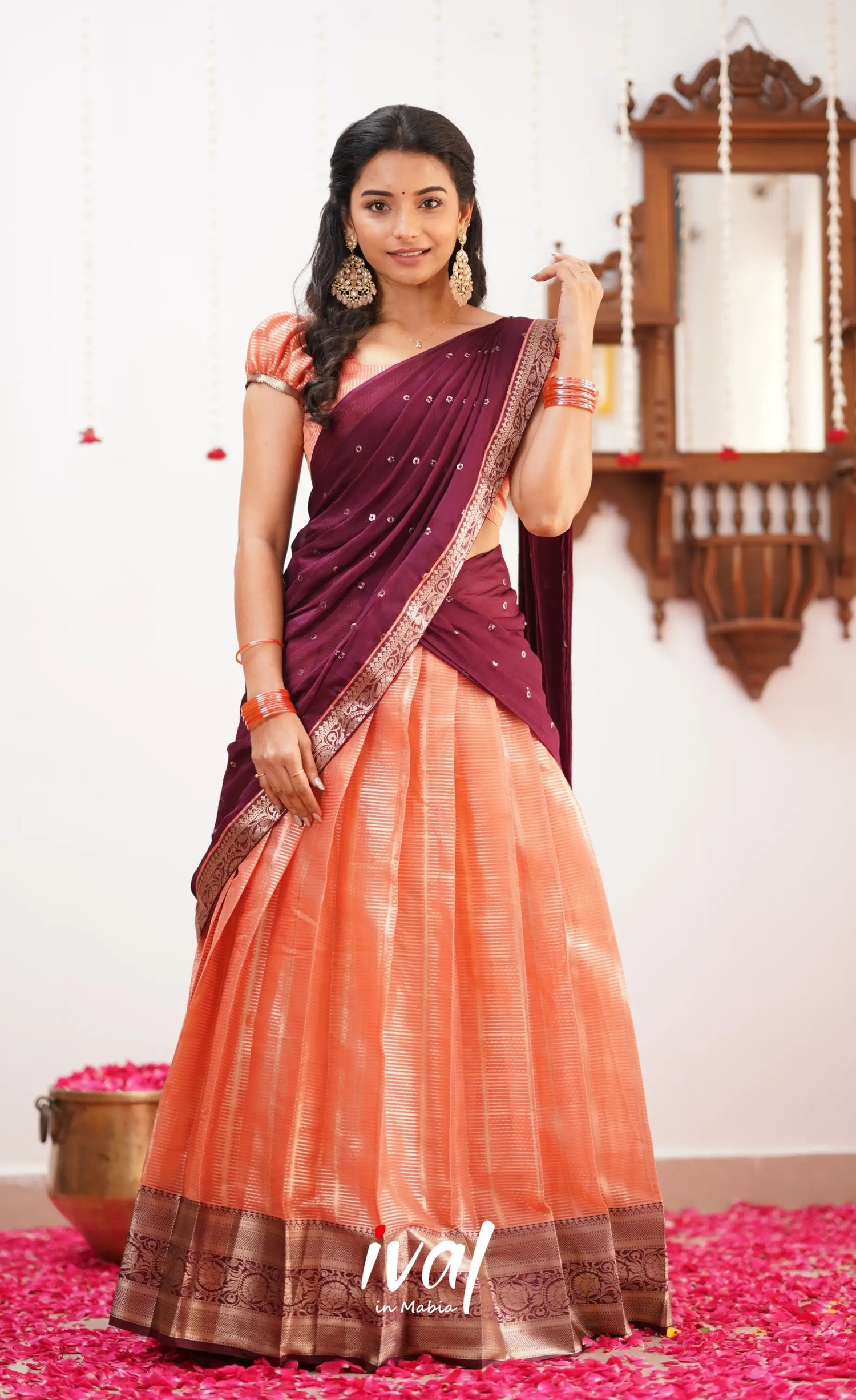 Izhaiyini Shade Of Peach And Dark Maroon Tone Organza Halfsaree Half Sarees